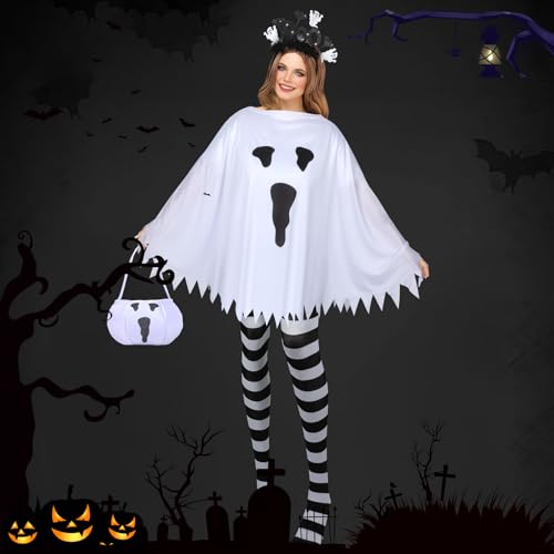 KUIRAN 4 PCS Halloween Costume Set for Women Adult Ghost Costume, Ghost Costume Poncho, Candy bag, Ghost Headband and Nylon Striped Tights for Halloween Cosplay Party