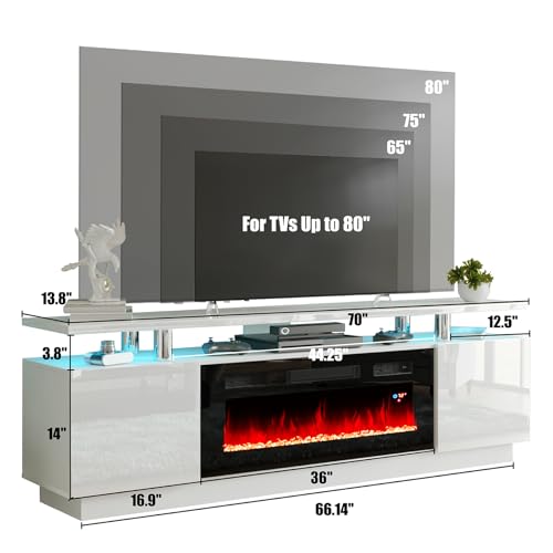 AMERLIFE Fireplace TV Stand with 36" Fireplace, 70" Modern High Gloss Fireplace Entertainment Center LED Lights, 2 Tier TV Console Cabinet for TVs Up to 80", Ivory White