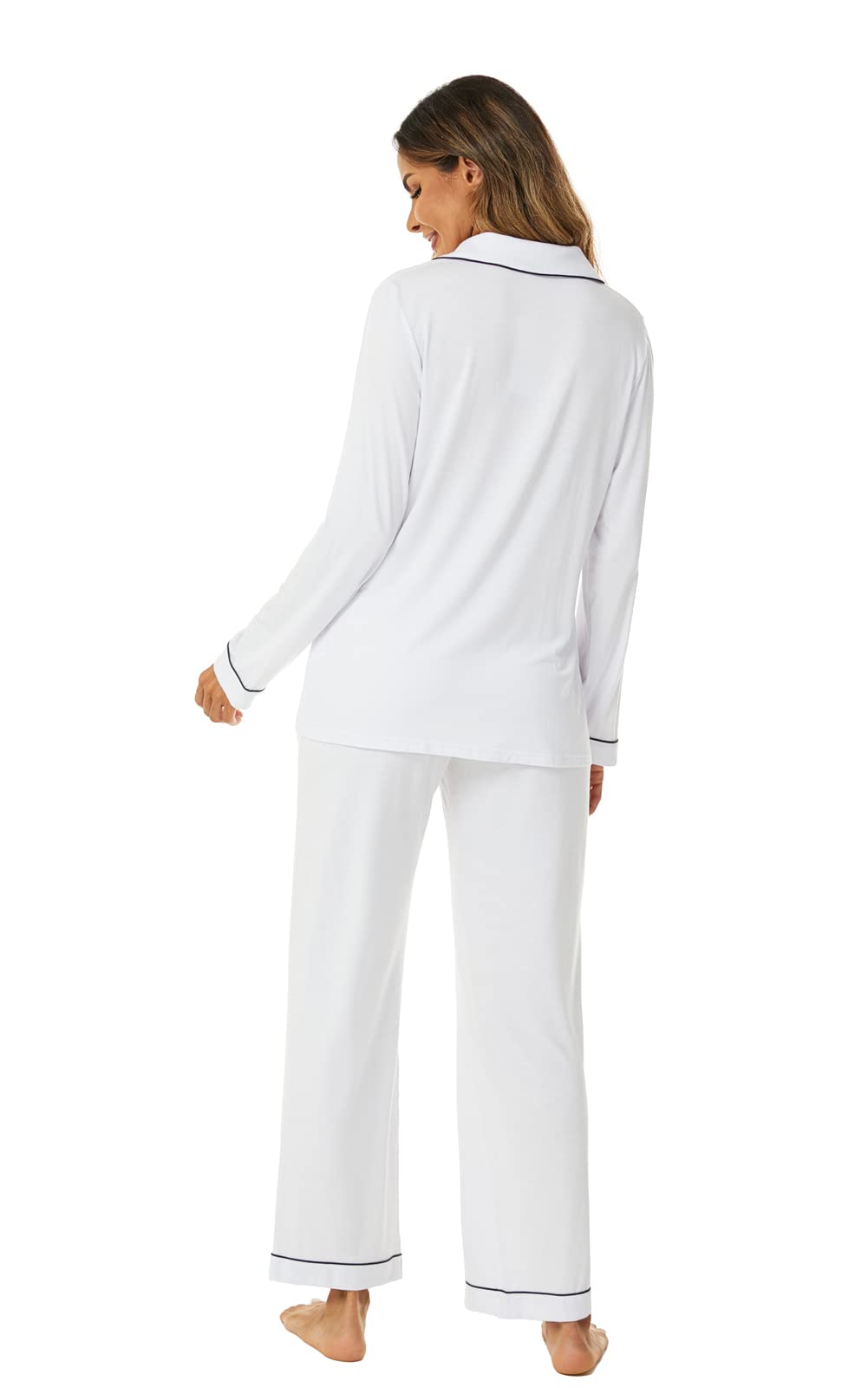 Aamikast Button Up Pajama Set for Women Soft Long Sleeve Pjs Sleepwear Sets (White XXL)
