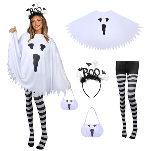 KUIRAN 4 PCS Halloween Costume Set for Women Adult Ghost Costume, Ghost Costume Poncho, Candy bag, Ghost Headband and Nylon Striped Tights for Halloween Cosplay Party