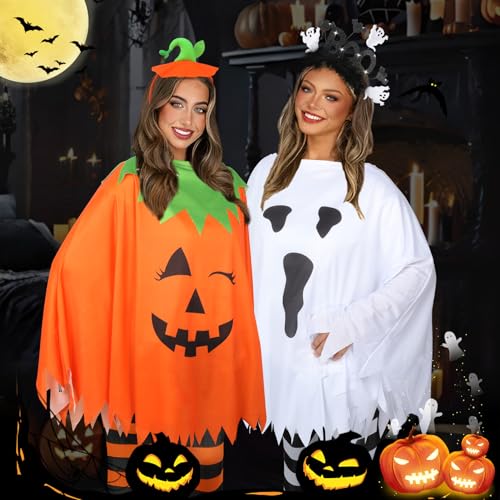 KUIRAN 4 PCS Halloween Costume Set for Women Adult Ghost Costume, Ghost Costume Poncho, Candy bag, Ghost Headband and Nylon Striped Tights for Halloween Cosplay Party