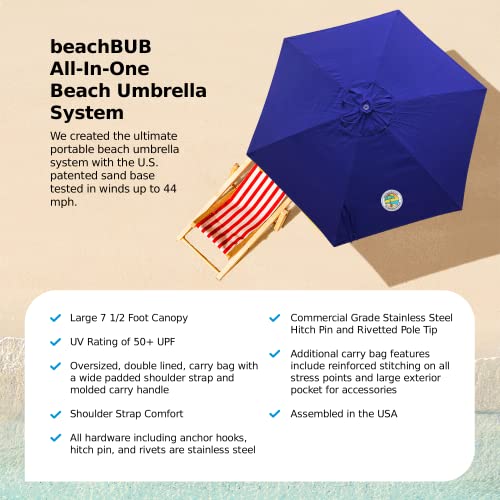 BEACHBUB ALL-IN-ONE BEACH UMBRELLA SYSTEM. Includes ULTRA Base (compliant with the ASTM F3681-24 Beach Umbrella Safety Standard). (Deep Ocean Blue)