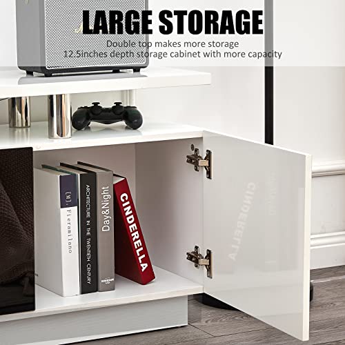 AMERLIFE Fireplace TV Stand with 36" Fireplace, 70" Modern High Gloss Fireplace Entertainment Center LED Lights, 2 Tier TV Console Cabinet for TVs Up to 80", Ivory White
