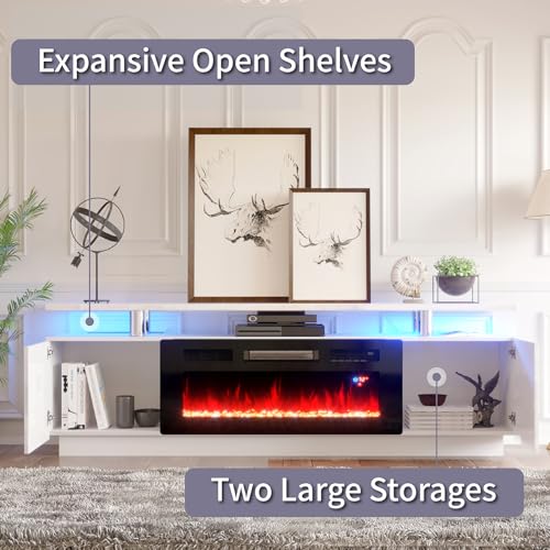 AMERLIFE Fireplace TV Stand with 36" Fireplace, 70" Modern High Gloss Fireplace Entertainment Center LED Lights, 2 Tier TV Console Cabinet for TVs Up to 80", Ivory White