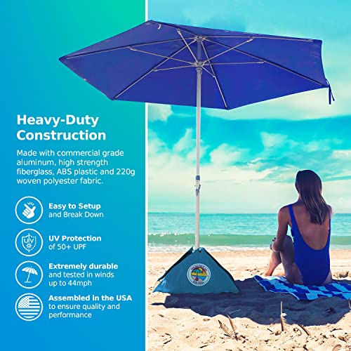 BEACHBUB ALL-IN-ONE BEACH UMBRELLA SYSTEM. Includes ULTRA Base (compliant with the ASTM F3681-24 Beach Umbrella Safety Standard). (Deep Ocean Blue)