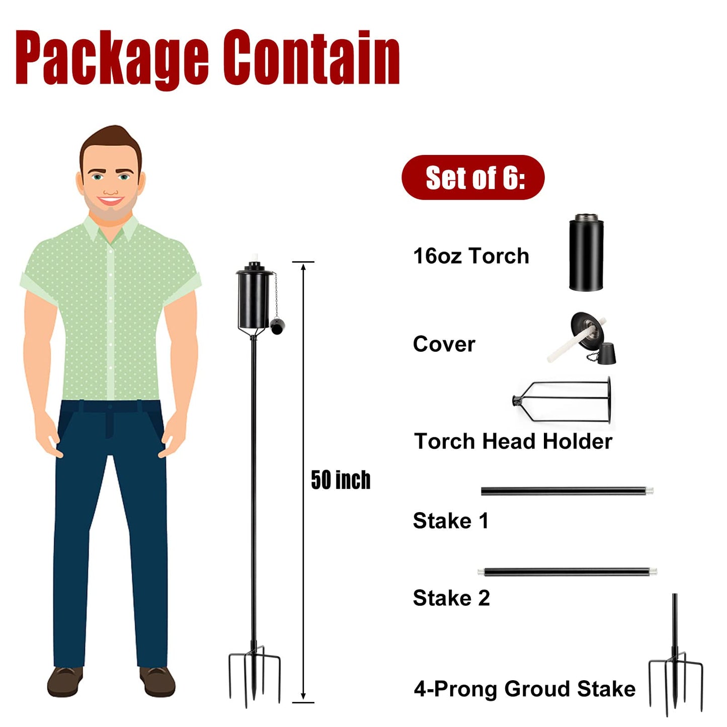 TaoTazon 6 Packs Metal Garden Torches for Outside, 16oz Outdoor Metal Torch, Citronella Torches Lighting with 4-Prong Grounded Stake for Garden Patio Pathway