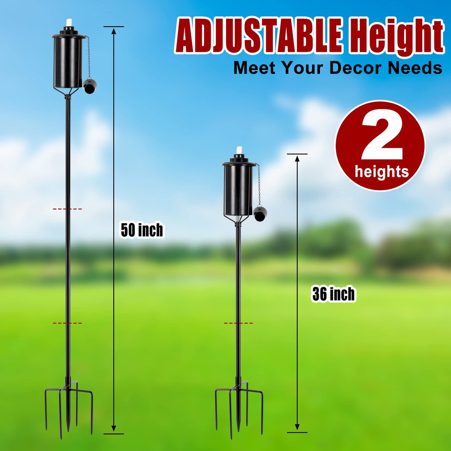 TaoTazon 6 Packs Metal Garden Torches for Outside, 16oz Outdoor Metal Torch, Citronella Torches Lighting with 4-Prong Grounded Stake for Garden Patio Pathway