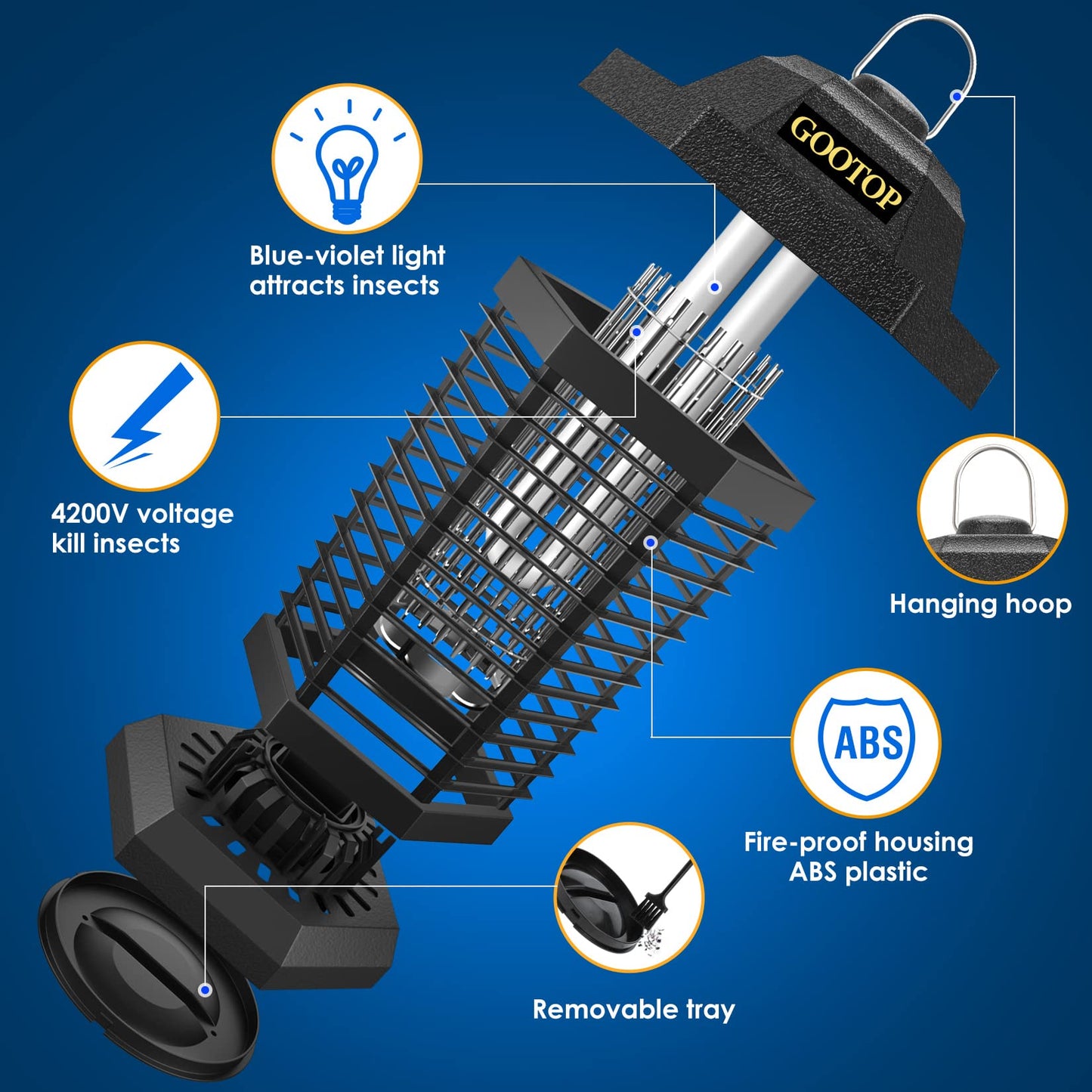 GOOTOP Bug Zapper Outdoor, Mosquito Zapper Outdoor, Electric Fly Zapper,Fly Traps, Mosquito Killer, 3 Prong Plug,Flying Insects Zapper Outdoor 90-130V, ABS Plastic Outer (Black)