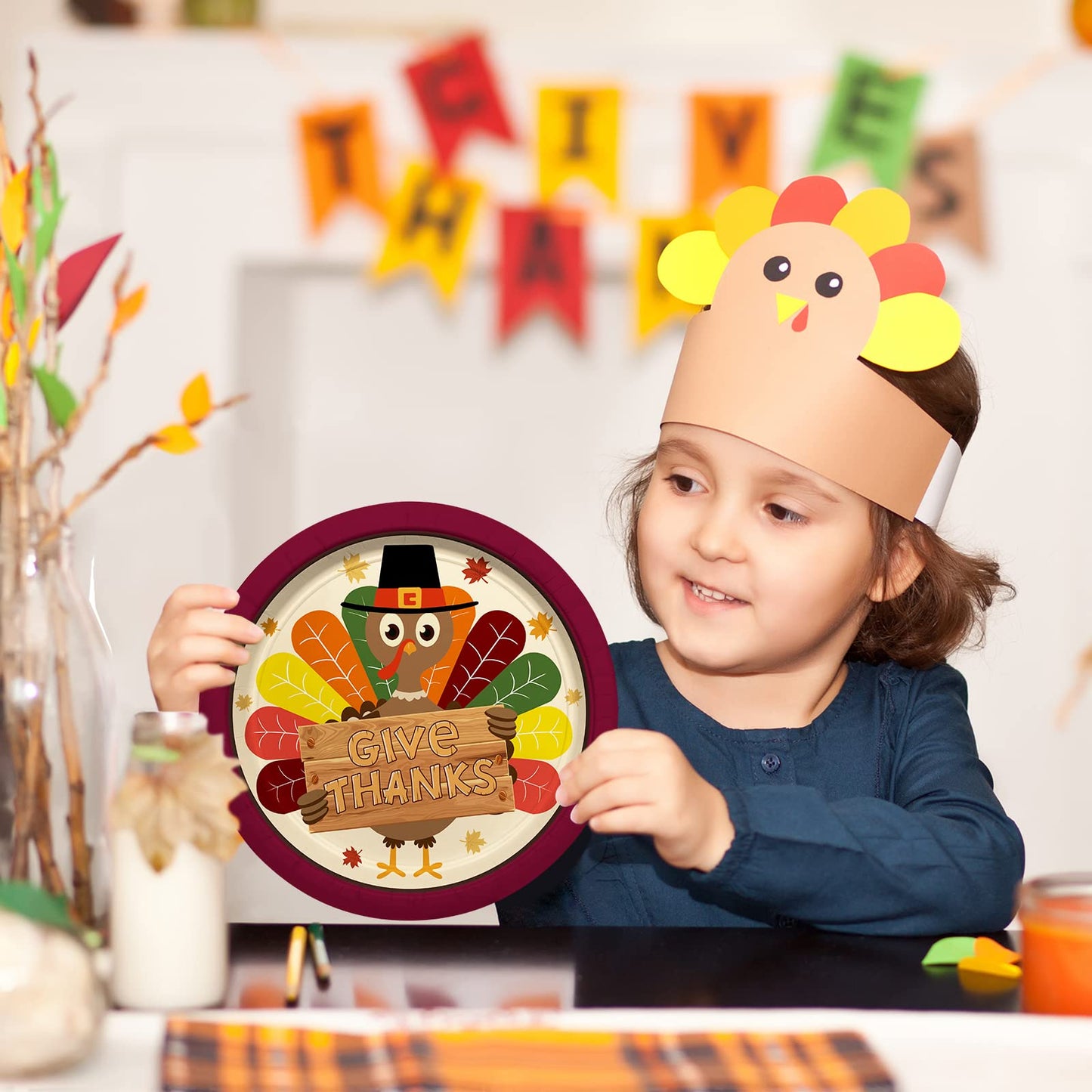 Turkey Thanksgiving Party Supplies Kit, Autumn Disposable Dinnerware Includes, Paper Dinner Plates, Dessert Plates, Napkins, Cups, and Tablecloth, for Fall party Decorations, Serve 25