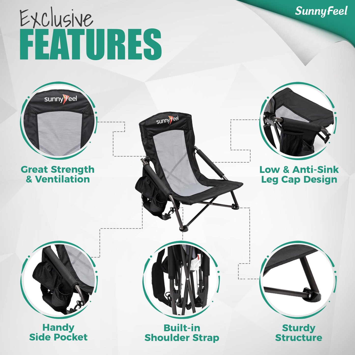 SUNNYFEEL Folding Low Camping Beach Chair 2 Pack, Lightweight Portable Lawn Chair with Mesh Back, Cup Holder for Outdoor/Travel/Picnic/Concert, Foldable Camp Backpack Chair with Carry Bag