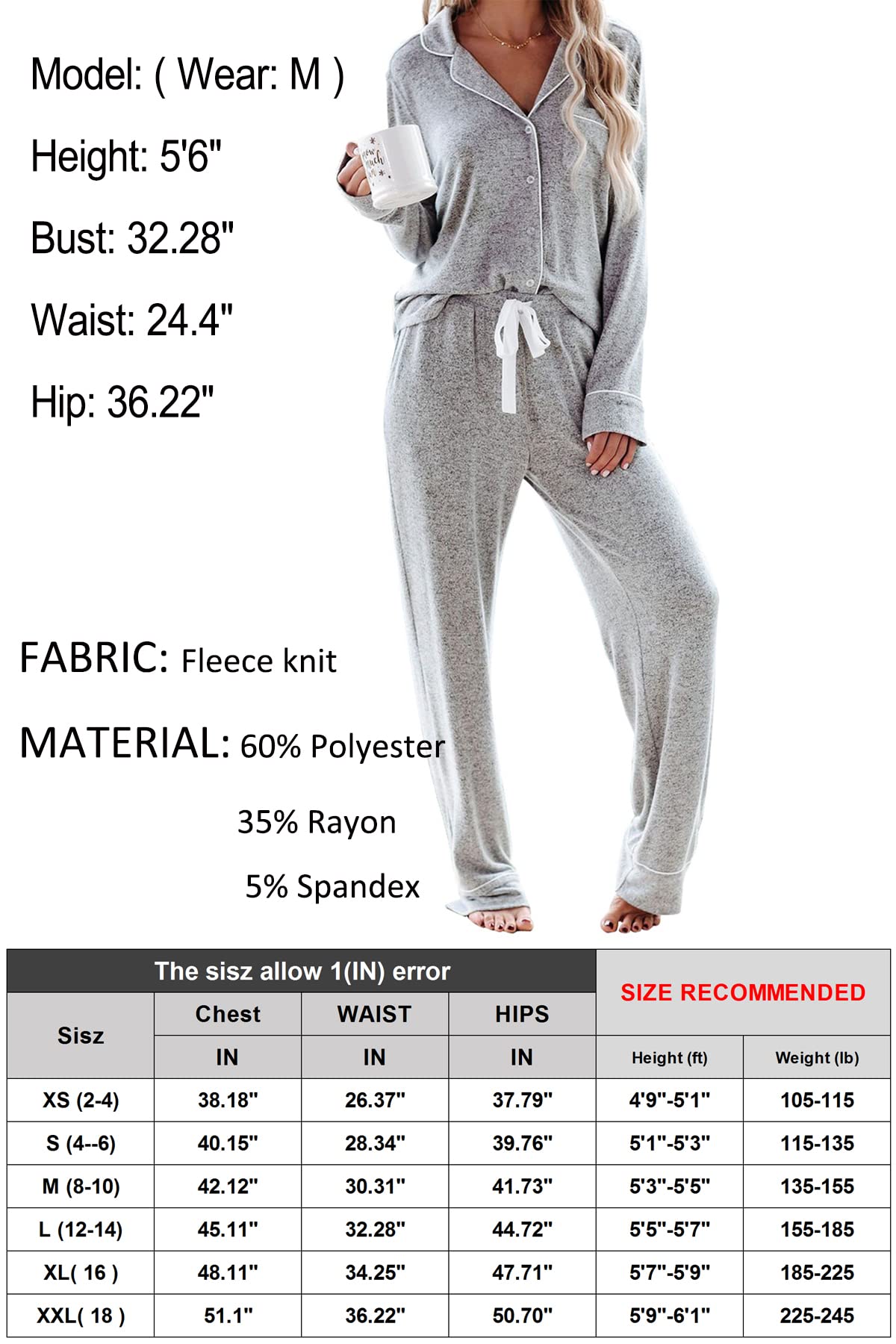 Aamikast Women's Two-piece Classic knit Pajama Sets Long Sleeve Button Down Sleepwear (L, Light Gray)