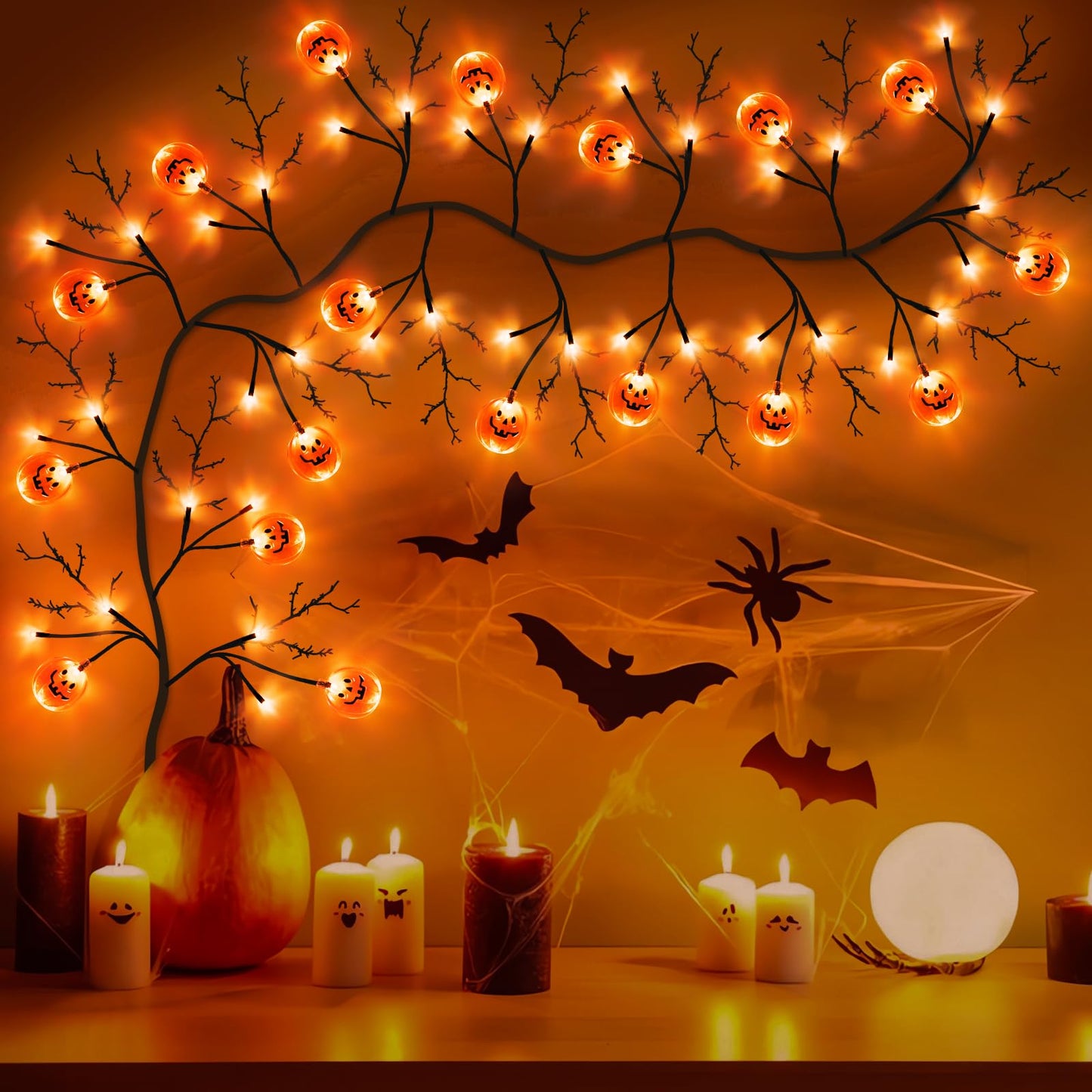 Jo.Devivre 7 Ft 63 LED Halloween Willow Vine Twig Garland with 8 Modes & Timer 21 Pumpkin Orange Lights,Halloween Garland with Waterproof Battery Operated for Indoor Wall Fireplace Decorations