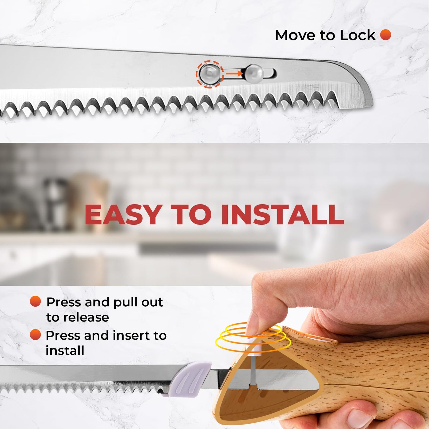Prikoi Electric Knife - Easy-Slice Serrated Edge Blades Carving Set for Meat, Bread, Turkey, Ribs, Fillet, DIY, Ergonomic Handle + 2 Blades for Raw & Cooked Food(Faux Wood)
