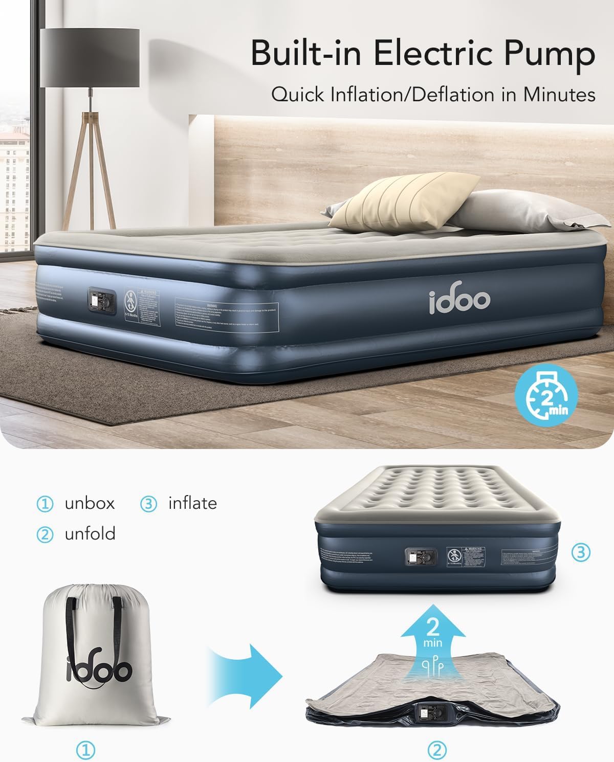 iDOO Queen Air Mattress with Built in Pump, 18 Raised Comfort Blow up Mattress, Upgraded Four Chamber Airbed, Inflatable Mattress for Guests and Home, colchon inflable, Air Bed, 650 lbs Max