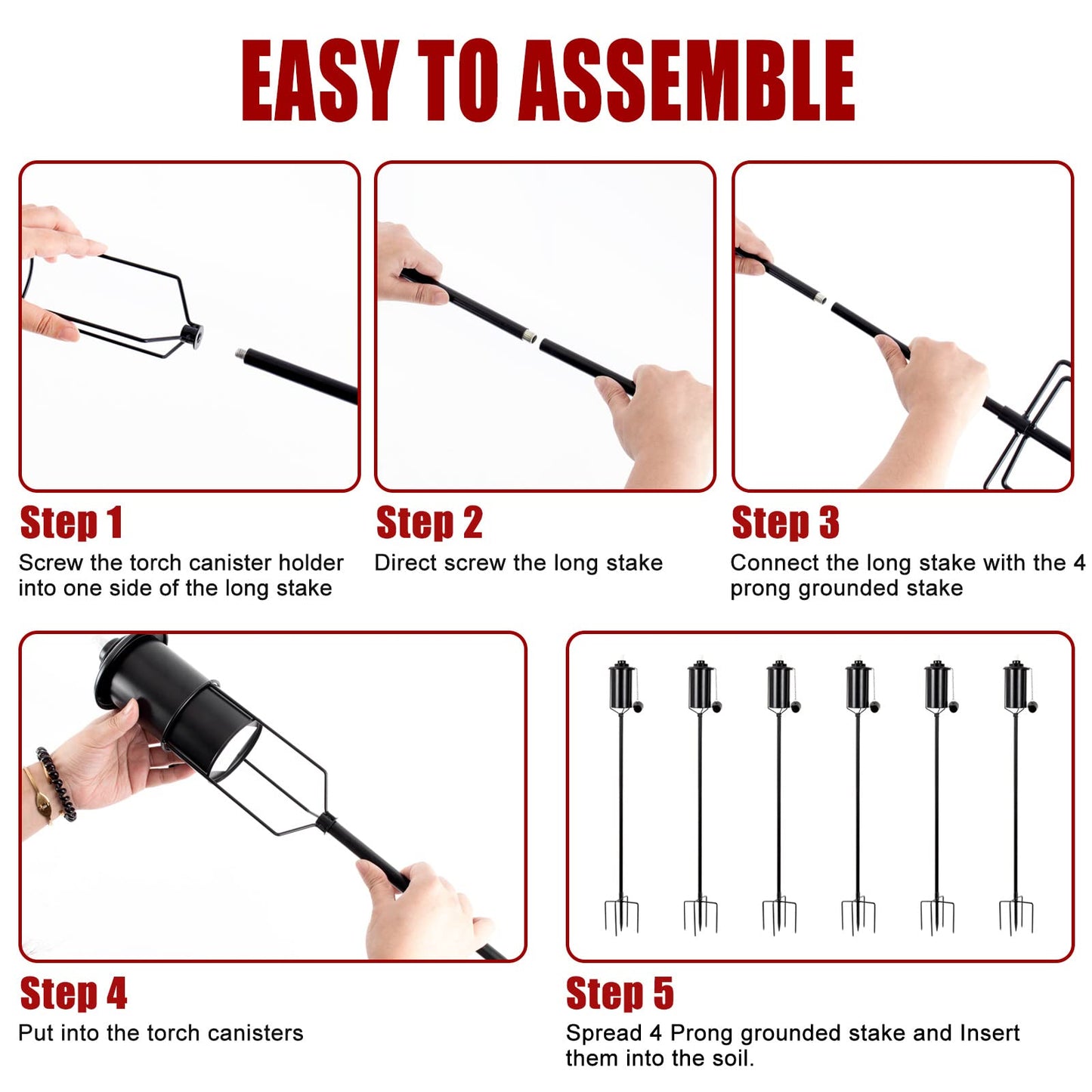TaoTazon 6 Packs Metal Garden Torches for Outside, 16oz Outdoor Metal Torch, Citronella Torches Lighting with 4-Prong Grounded Stake for Garden Patio Pathway