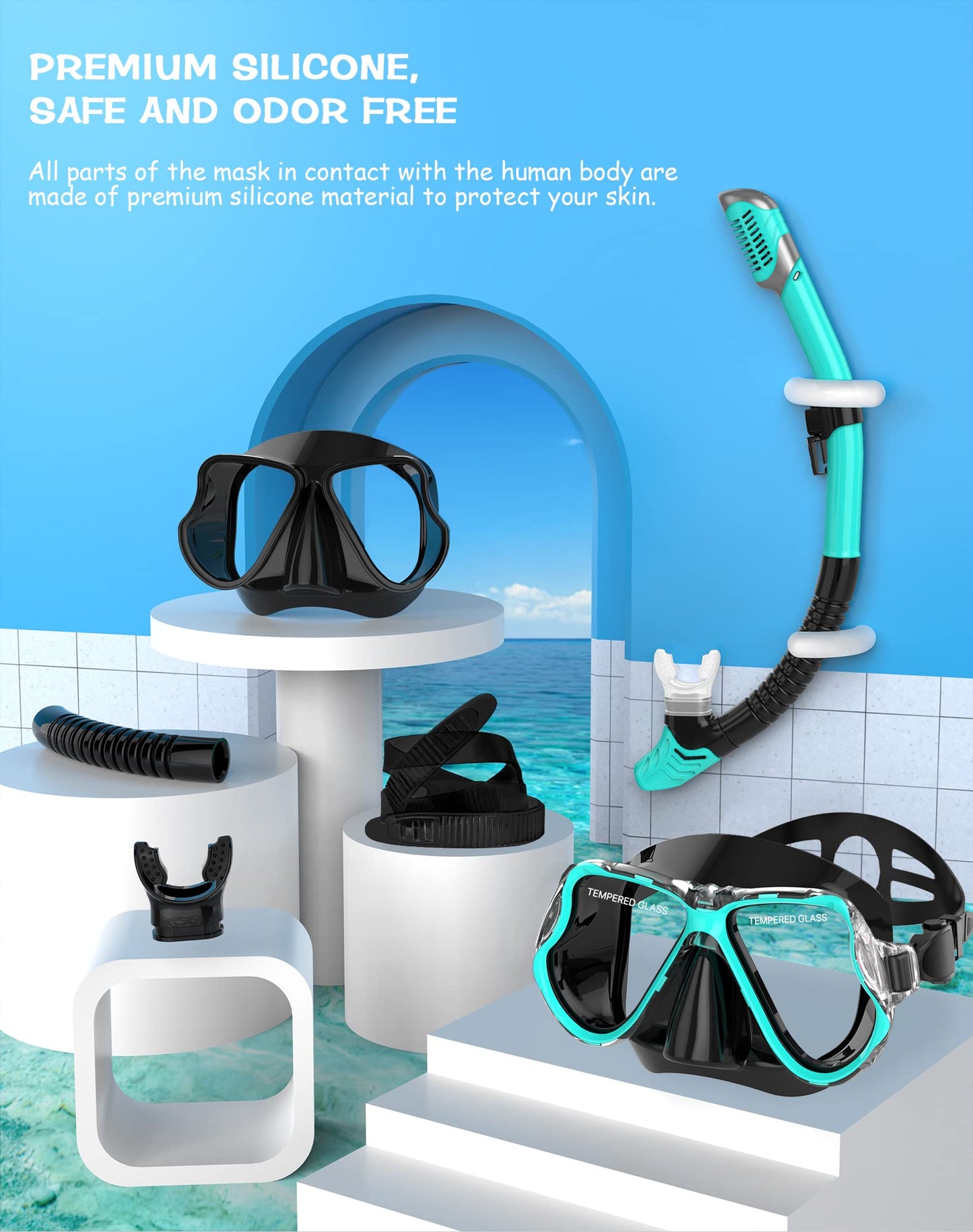 Greatever Dry Snorkel Set,Panoramic Wide View,Anti-Fog Scuba Diving Mask,Professional Snorkeling Gear for Kids