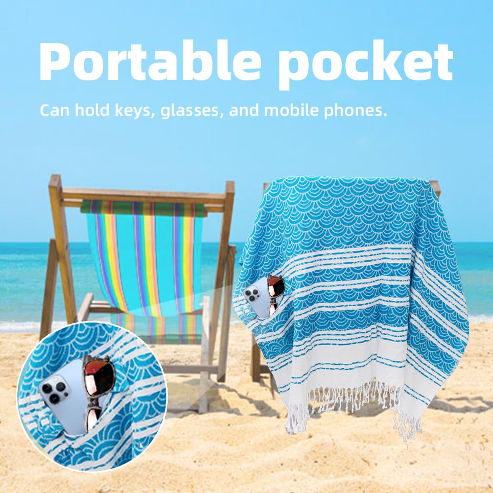 Mexiblanke Turkish Large Beach Towel with Hidden Zip Pocket Sand Proof Turkish Towel,Light Travel Towel,100% Cotton Beach Gift, Sand Proof-39x71 inches(Green)