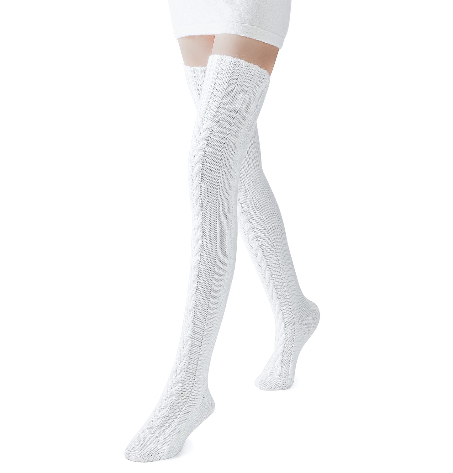 Pcavin Women's Thigh High Socks Over the Knee Cable Knit Boot Socks, Long Warm Fashion Leg Warmers Winter(Pure White)