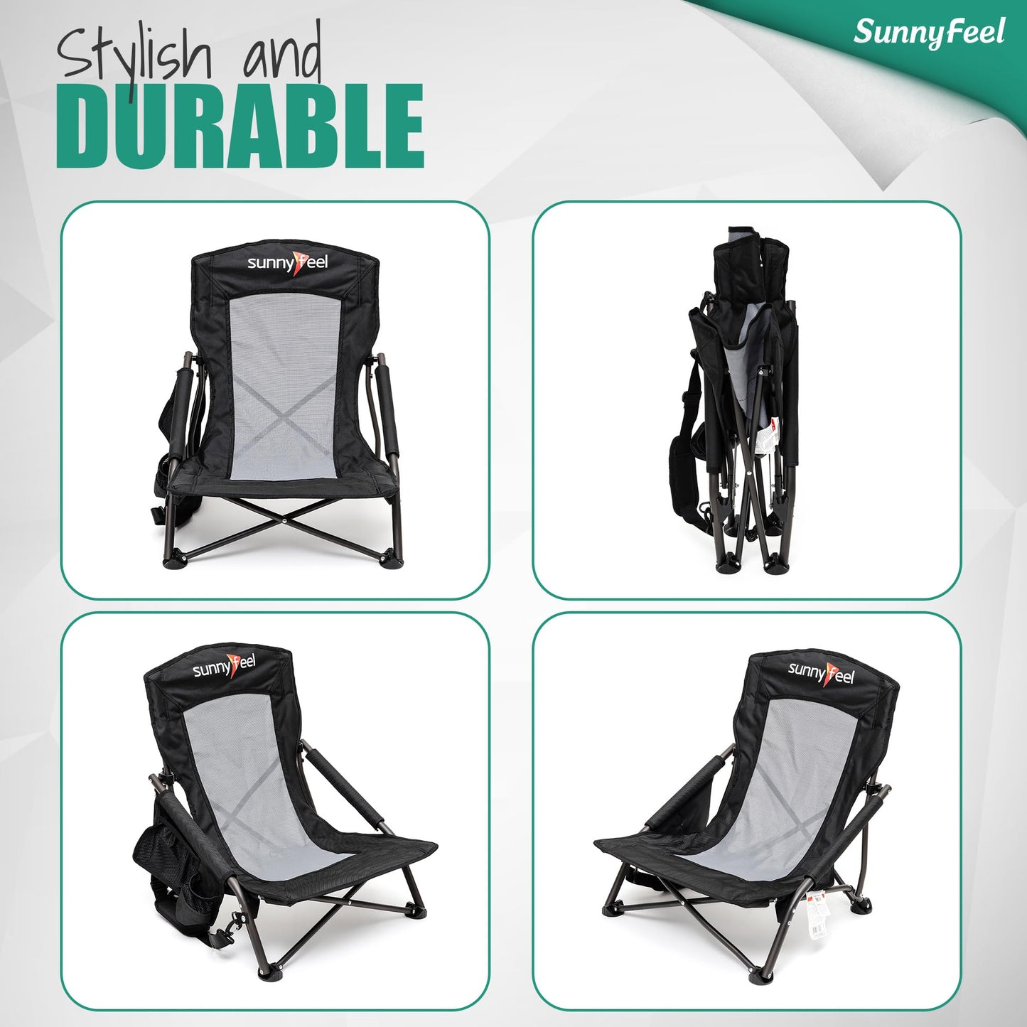SUNNYFEEL Folding Low Camping Beach Chair 2 Pack, Lightweight Portable Lawn Chair with Mesh Back, Cup Holder for Outdoor/Travel/Picnic/Concert, Foldable Camp Backpack Chair with Carry Bag