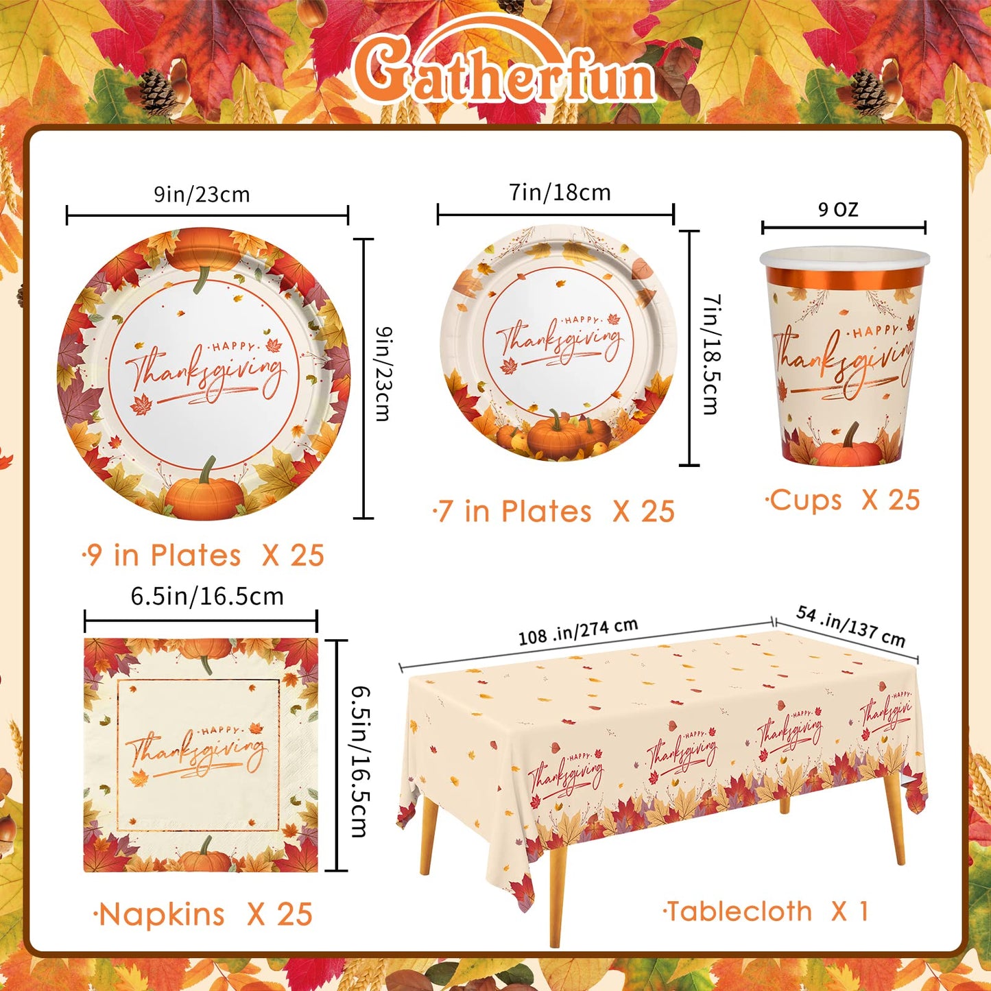 Thanksgiving Plates and Napkins Gatherfun Maple Leaves Disposable Paper Plates Napkins Cups plastic Tablecloth for Thanksgiving Dinner Party Decorations Serve 25