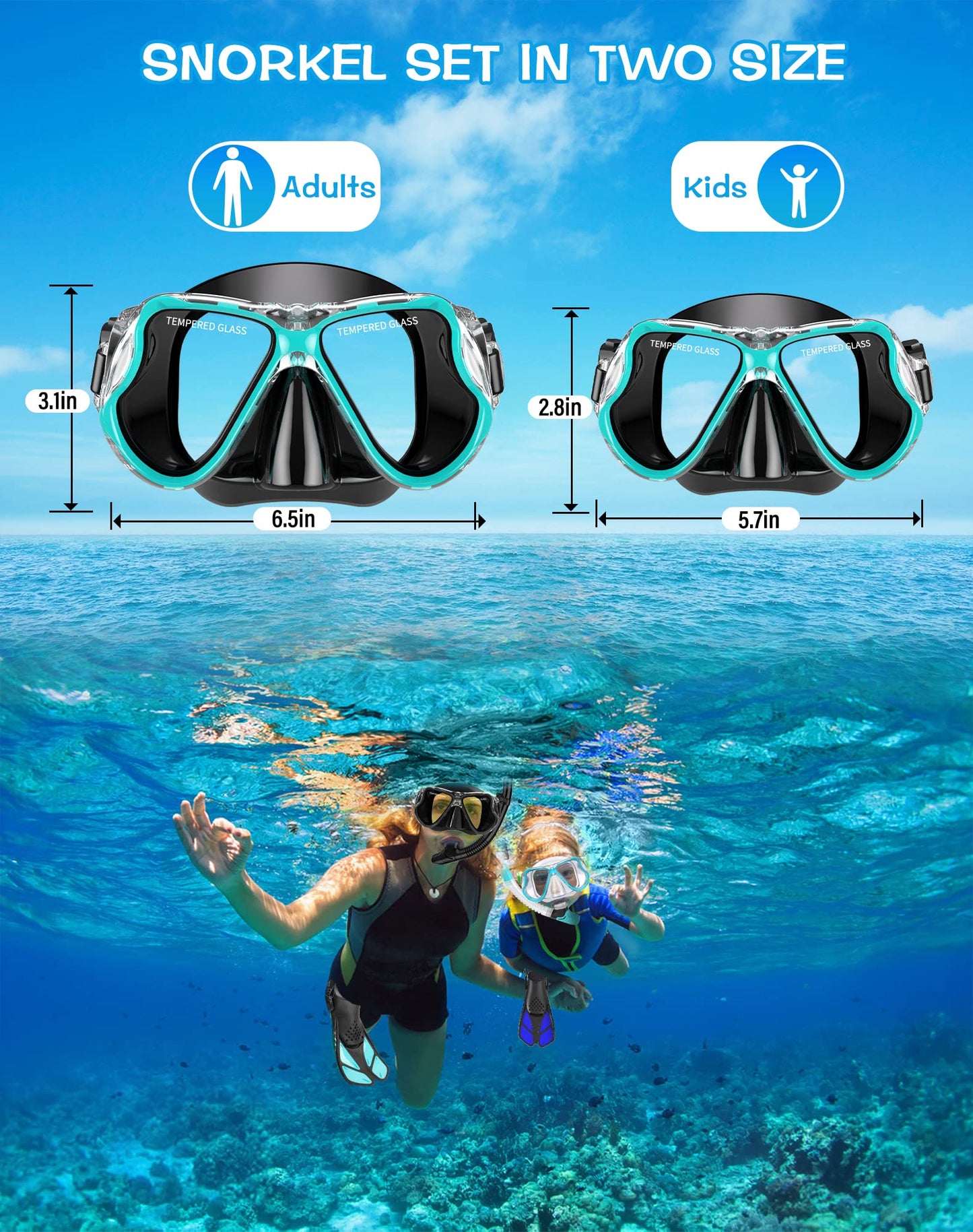 Greatever Dry Snorkel Set,Panoramic Wide View,Anti-Fog Scuba Diving Mask,Professional Snorkeling Gear for Kids