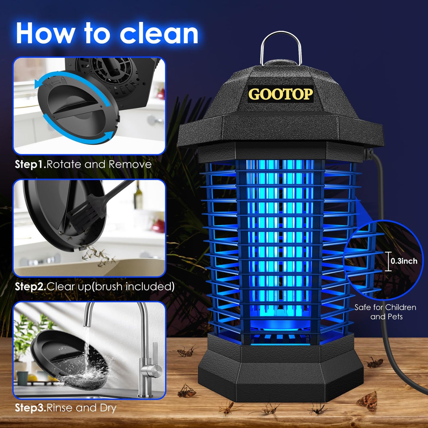 GOOTOP Bug Zapper Outdoor, Mosquito Zapper Outdoor, Electric Fly Zapper,Fly Traps, Mosquito Killer, 3 Prong Plug,Flying Insects Zapper Outdoor 90-130V, ABS Plastic Outer (Black)