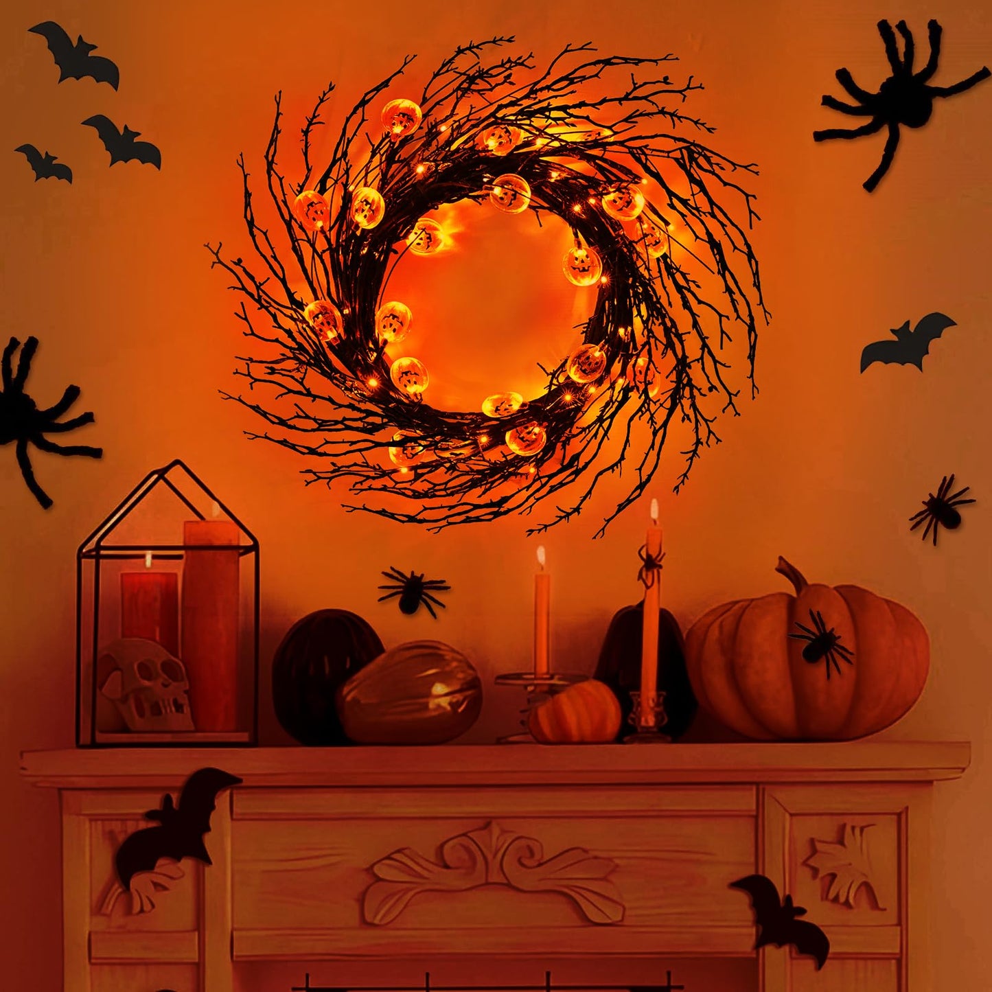 Jo.Devivre 7 Ft 63 LED Halloween Willow Vine Twig Garland with 8 Modes & Timer 21 Pumpkin Orange Lights,Halloween Garland with Waterproof Battery Operated for Indoor Wall Fireplace Decorations