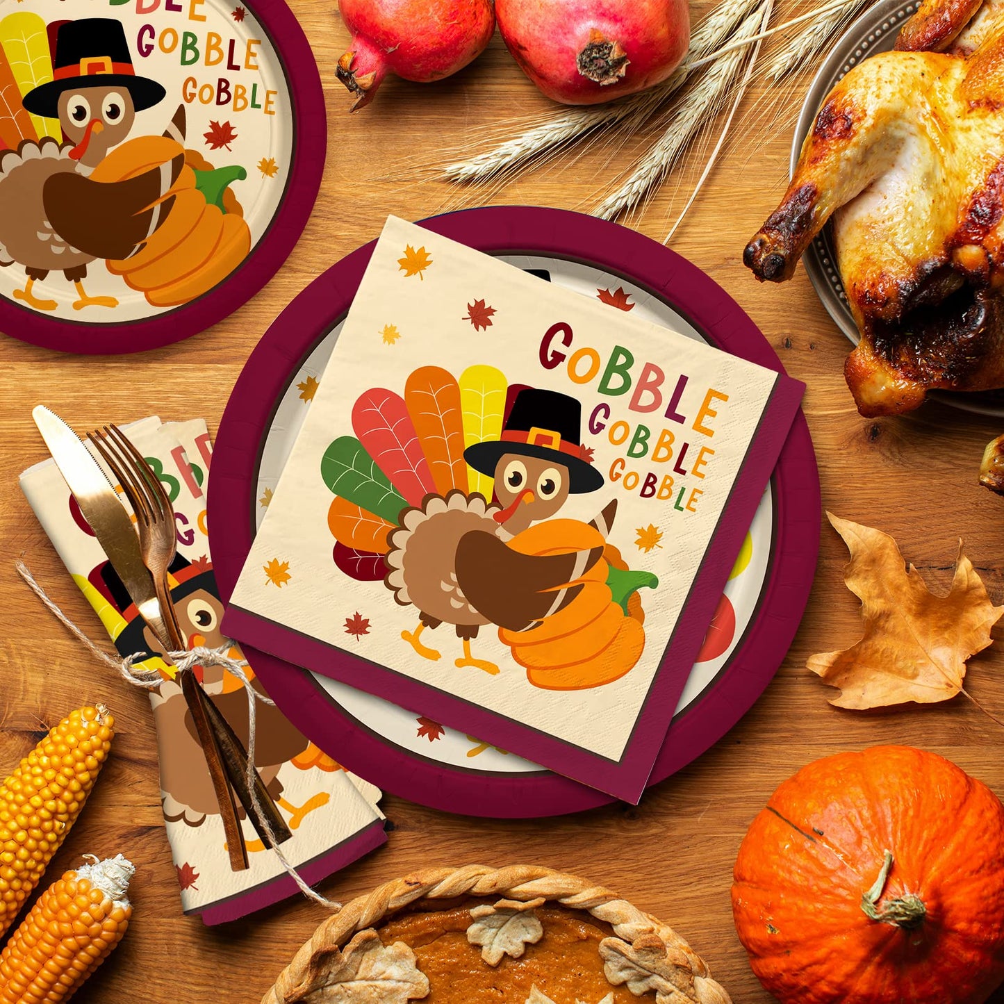 Turkey Thanksgiving Party Supplies Kit, Autumn Disposable Dinnerware Includes, Paper Dinner Plates, Dessert Plates, Napkins, Cups, and Tablecloth, for Fall party Decorations, Serve 25
