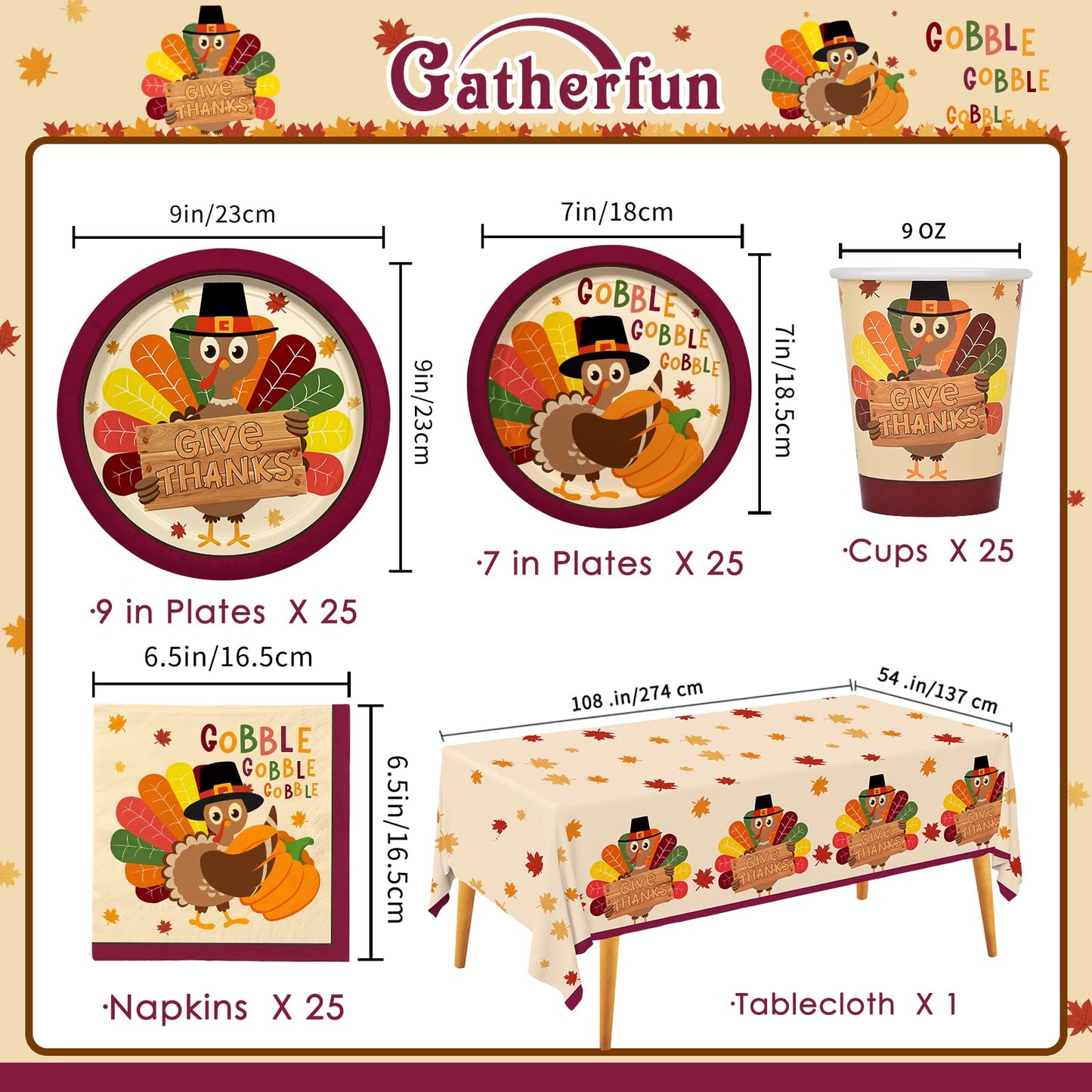 Turkey Thanksgiving Party Supplies Kit, Autumn Disposable Dinnerware Includes, Paper Dinner Plates, Dessert Plates, Napkins, Cups, and Tablecloth, for Fall party Decorations, Serve 25