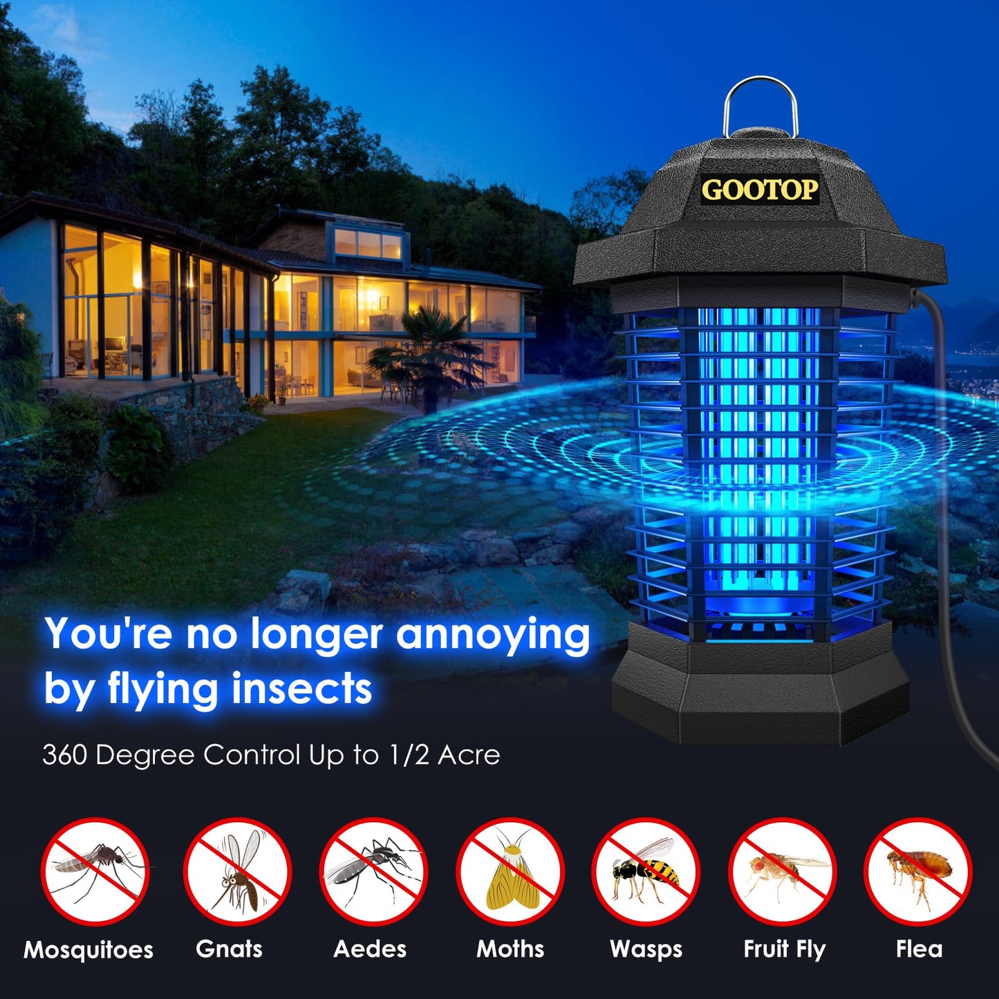 GOOTOP Bug Zapper Outdoor, Mosquito Zapper Outdoor, Electric Fly Zapper,Fly Traps, Mosquito Killer, 3 Prong Plug,Flying Insects Zapper Outdoor 90-130V, ABS Plastic Outer (Black)
