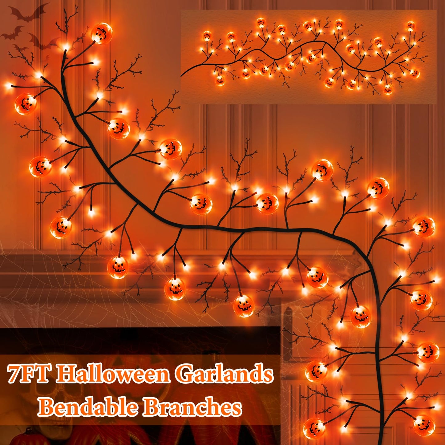Jo.Devivre 7 Ft 63 LED Halloween Willow Vine Twig Garland with 8 Modes & Timer 21 Pumpkin Orange Lights,Halloween Garland with Waterproof Battery Operated for Indoor Wall Fireplace Decorations