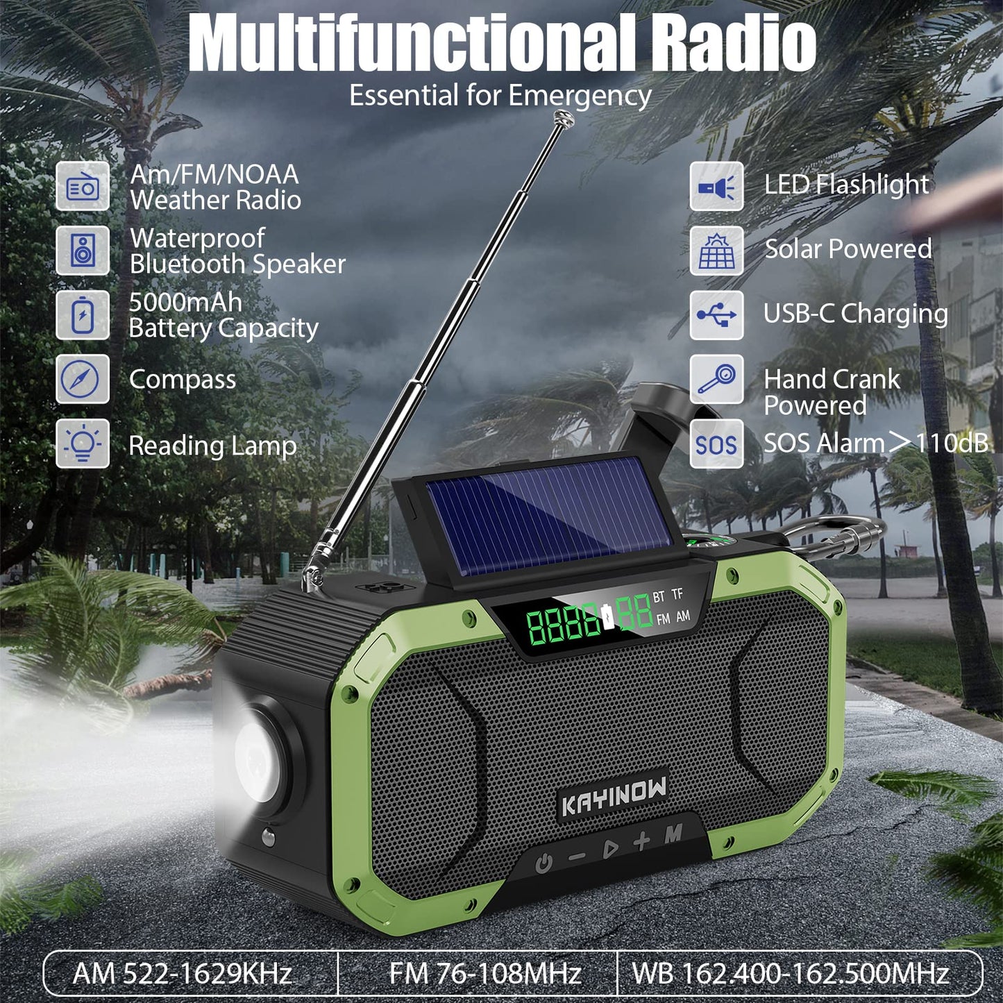 Emergency Radio Waterproof Bluetooth Speaker,Portable AM FM NOAA Weather Radio,Hand Crank Solar Radio Powered,5000mAh Rechargeable Battery Operated,Phone Charger,Flashlight,SOS,Survival Storm Camping