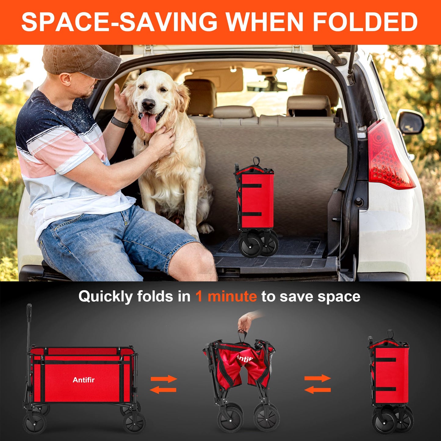 Antifir Collapsible Wagon with Large Capacity, Utility Wagons Carts Heavy Duty Foldable, Portable Folding Wagon with All-Terrain Wheels for Grocery Gardening Sports Shopping Fishing(Red)