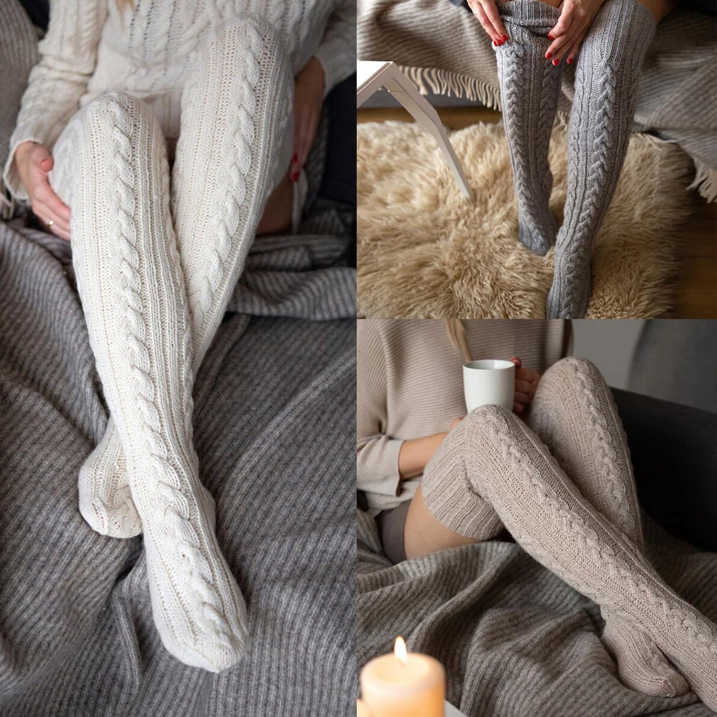 Buauty Women's Cable Knitted Boot Socks Thigh High Socks Extra Long Winter Thick Stockings Over Knee Leg Warmers Fuzzy 2024