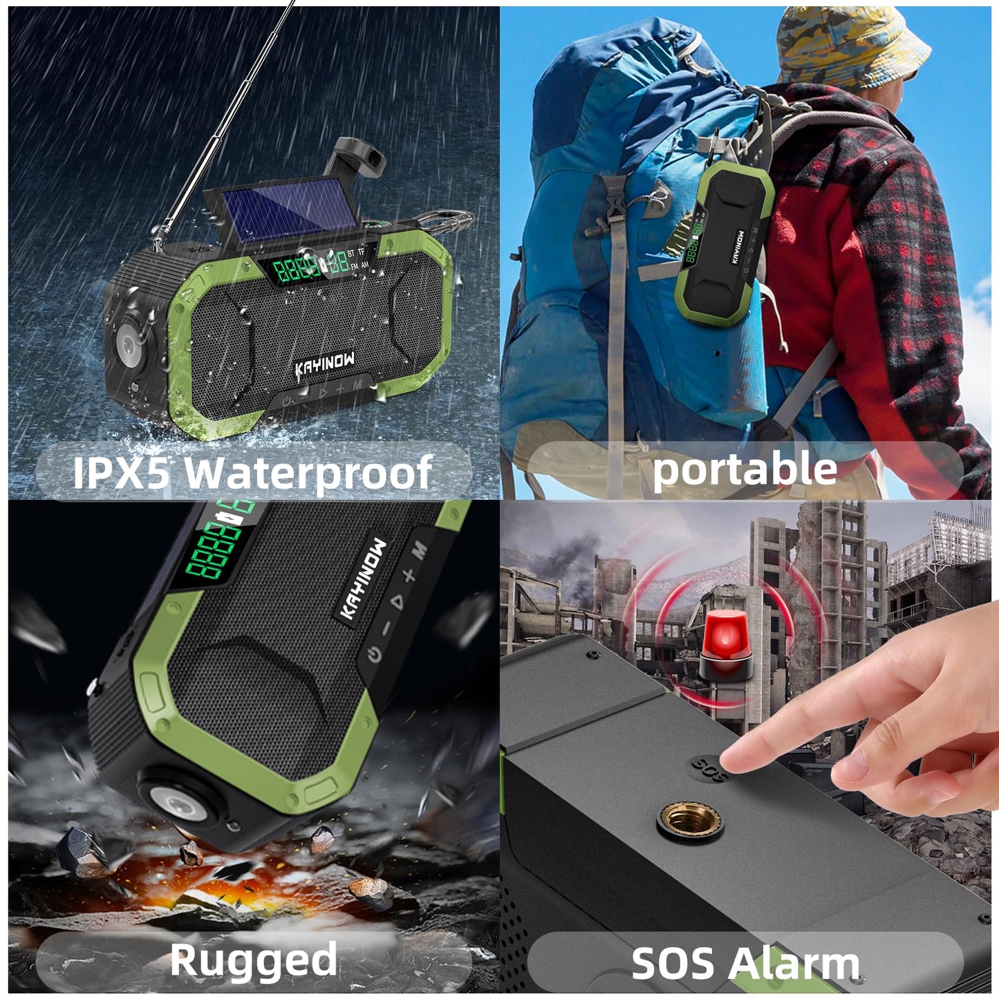 Emergency Radio Waterproof Bluetooth Speaker,Portable AM FM NOAA Weather Radio,Hand Crank Solar Radio Powered,5000mAh Rechargeable Battery Operated,Phone Charger,Flashlight,SOS,Survival Storm Camping