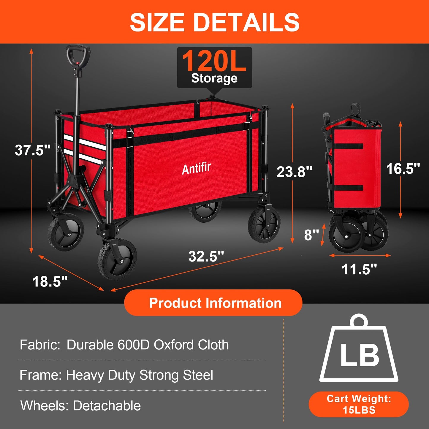 Antifir Collapsible Wagon with Large Capacity, Utility Wagons Carts Heavy Duty Foldable, Portable Folding Wagon with All-Terrain Wheels for Grocery Gardening Sports Shopping Fishing(Red)