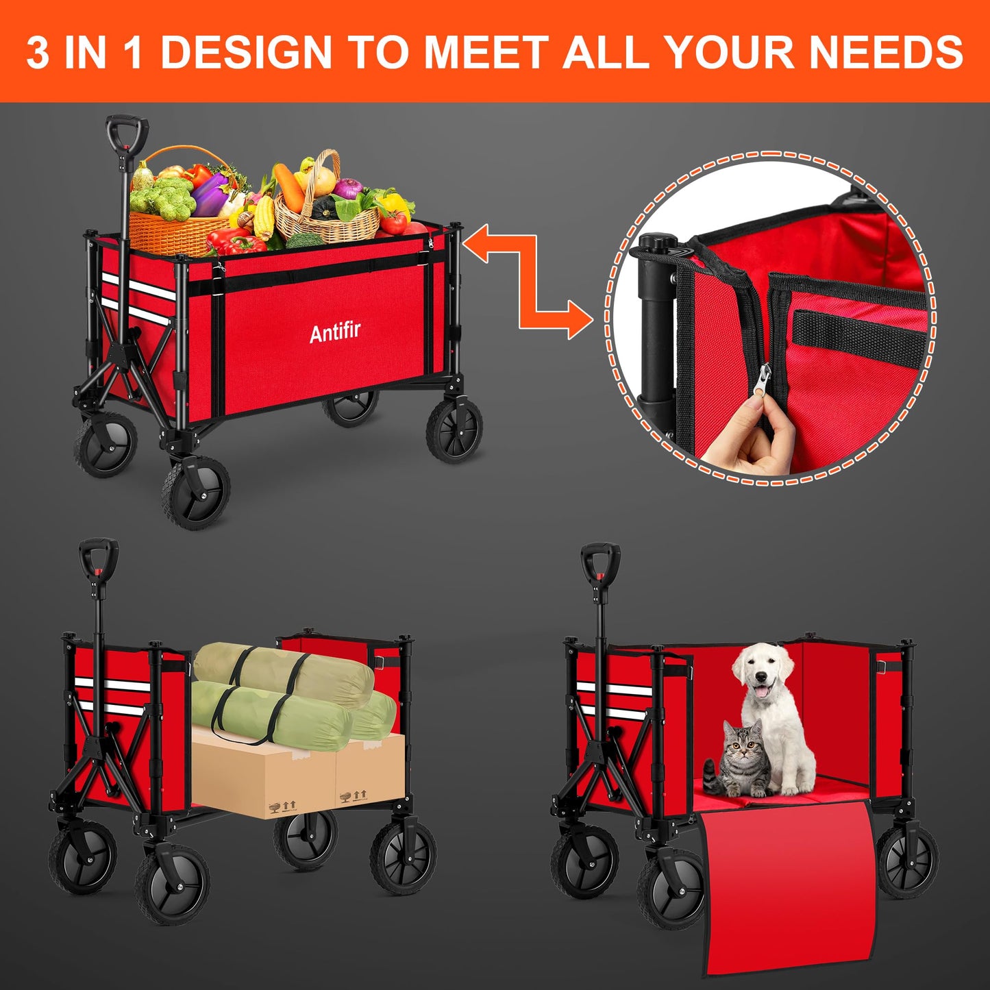Antifir Collapsible Wagon with Large Capacity, Utility Wagons Carts Heavy Duty Foldable, Portable Folding Wagon with All-Terrain Wheels for Grocery Gardening Sports Shopping Fishing(Red)