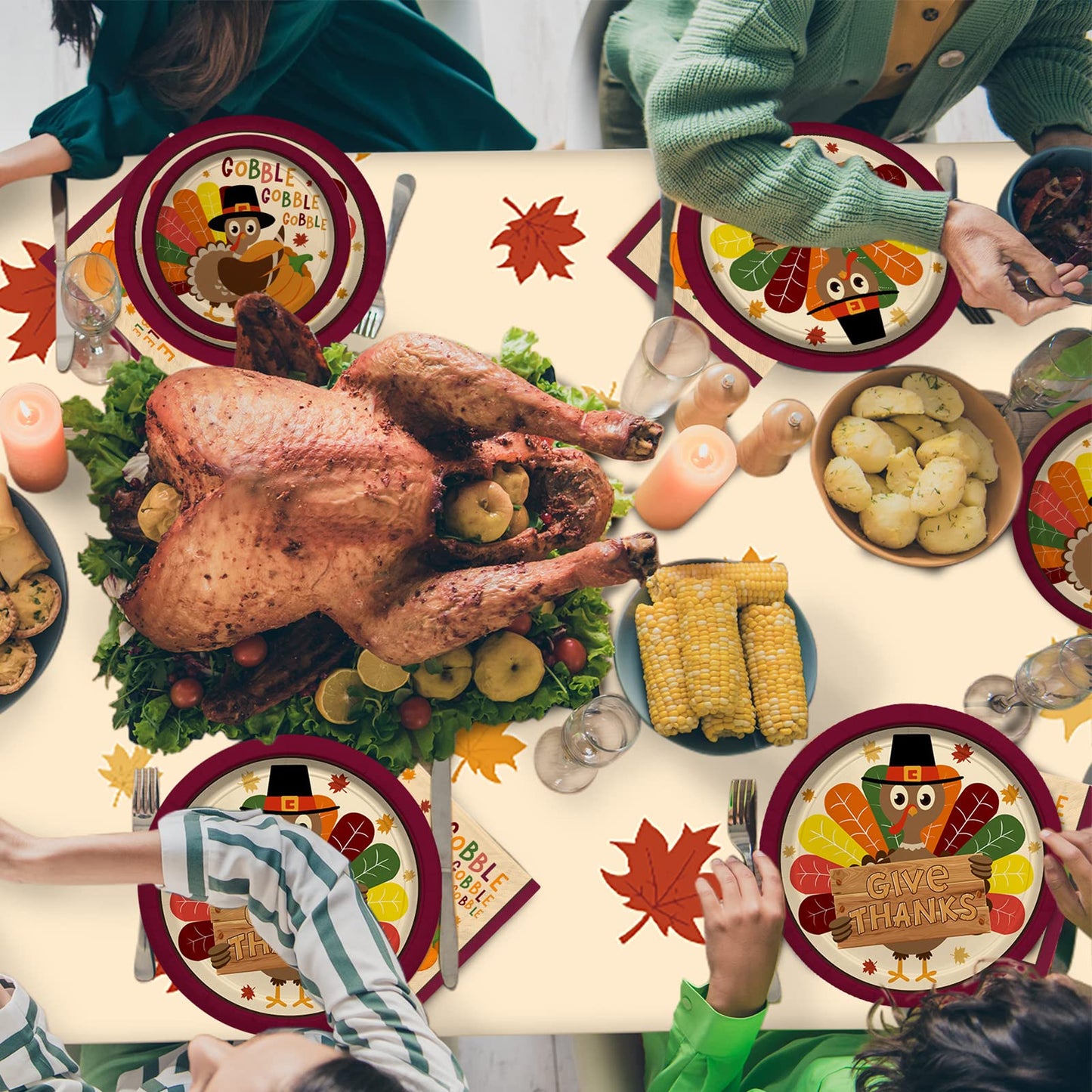 Turkey Thanksgiving Party Supplies Kit, Autumn Disposable Dinnerware Includes, Paper Dinner Plates, Dessert Plates, Napkins, Cups, and Tablecloth, for Fall party Decorations, Serve 25