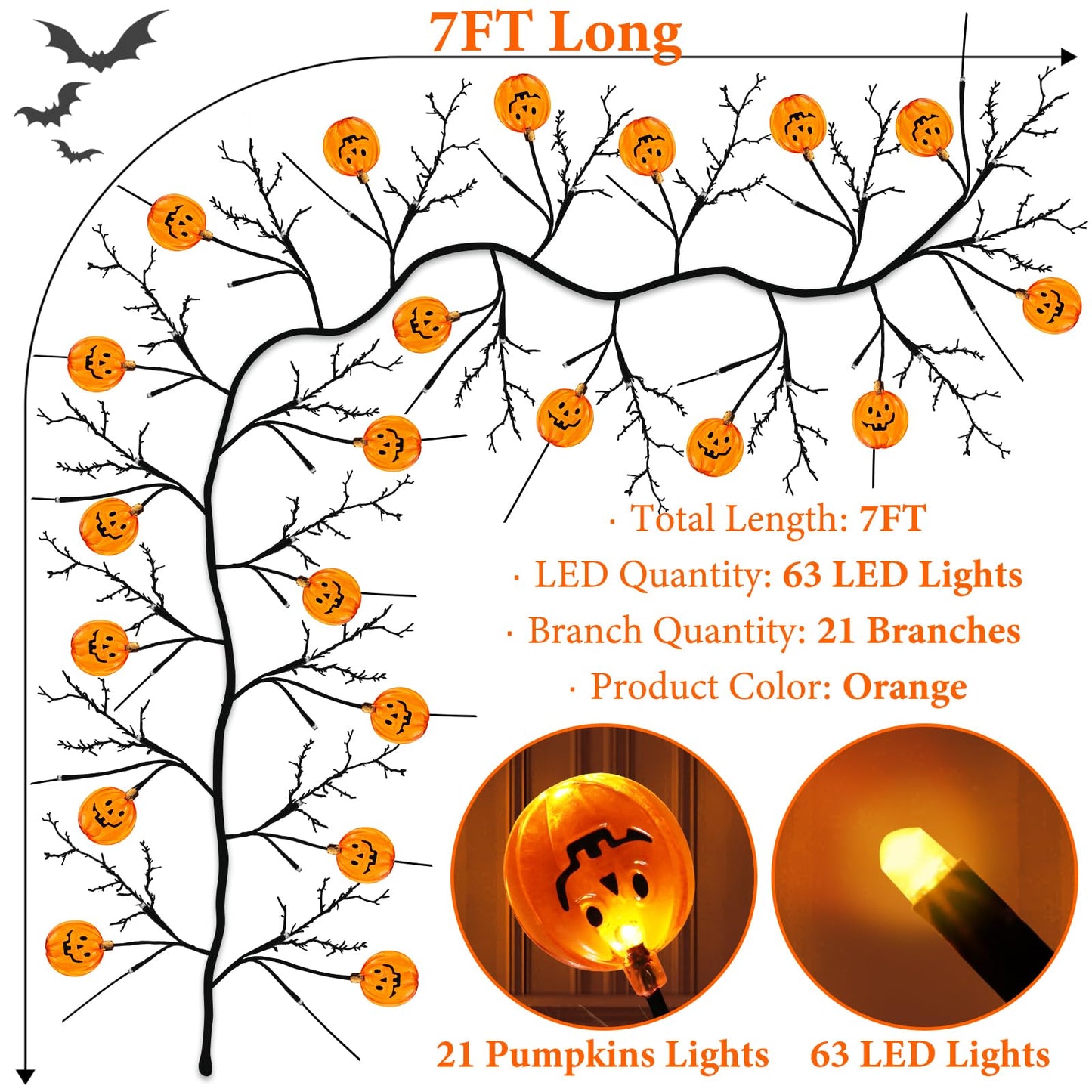Jo.Devivre 7 Ft 63 LED Halloween Willow Vine Twig Garland with 8 Modes & Timer 21 Pumpkin Orange Lights,Halloween Garland with Waterproof Battery Operated for Indoor Wall Fireplace Decorations