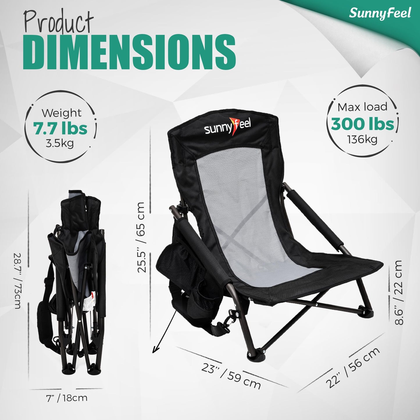 SUNNYFEEL Folding Low Camping Beach Chair 2 Pack, Lightweight Portable Lawn Chair with Mesh Back, Cup Holder for Outdoor/Travel/Picnic/Concert, Foldable Camp Backpack Chair with Carry Bag
