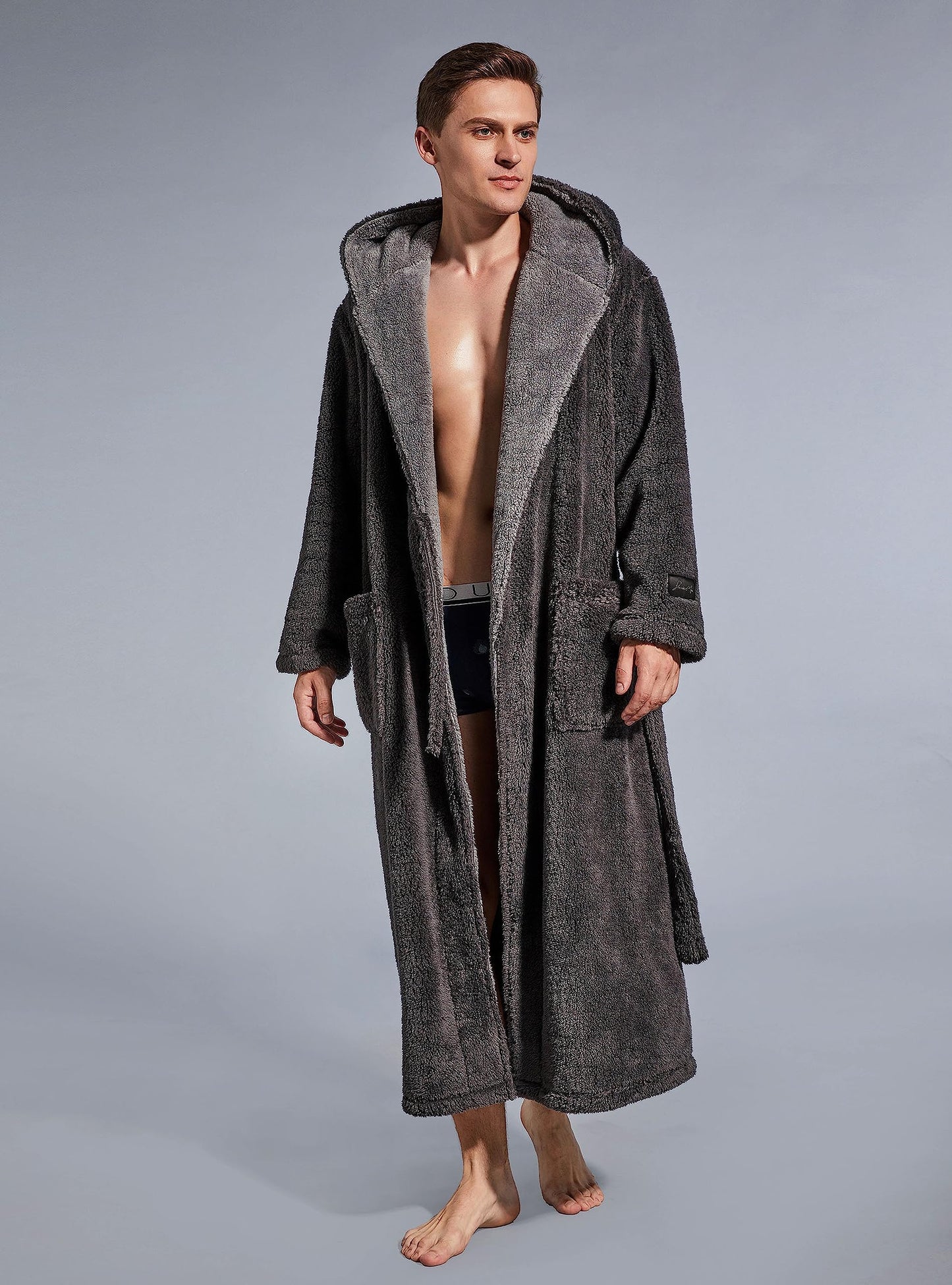 SlumberMee Mens Fleece Plush Robe with Hood Ultra Soft Fluffy Full Length Long with Pockets Luxurious House Coat (Dark Gray, L)