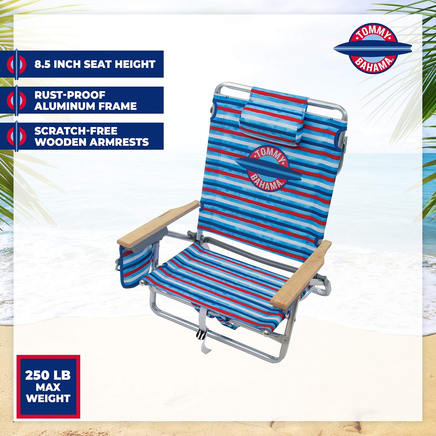 Tommy Bahama 5-Position Classic Lay Flat Folding Backpack Beach Chair, Aluminum , Red, White, and Blue Stripe