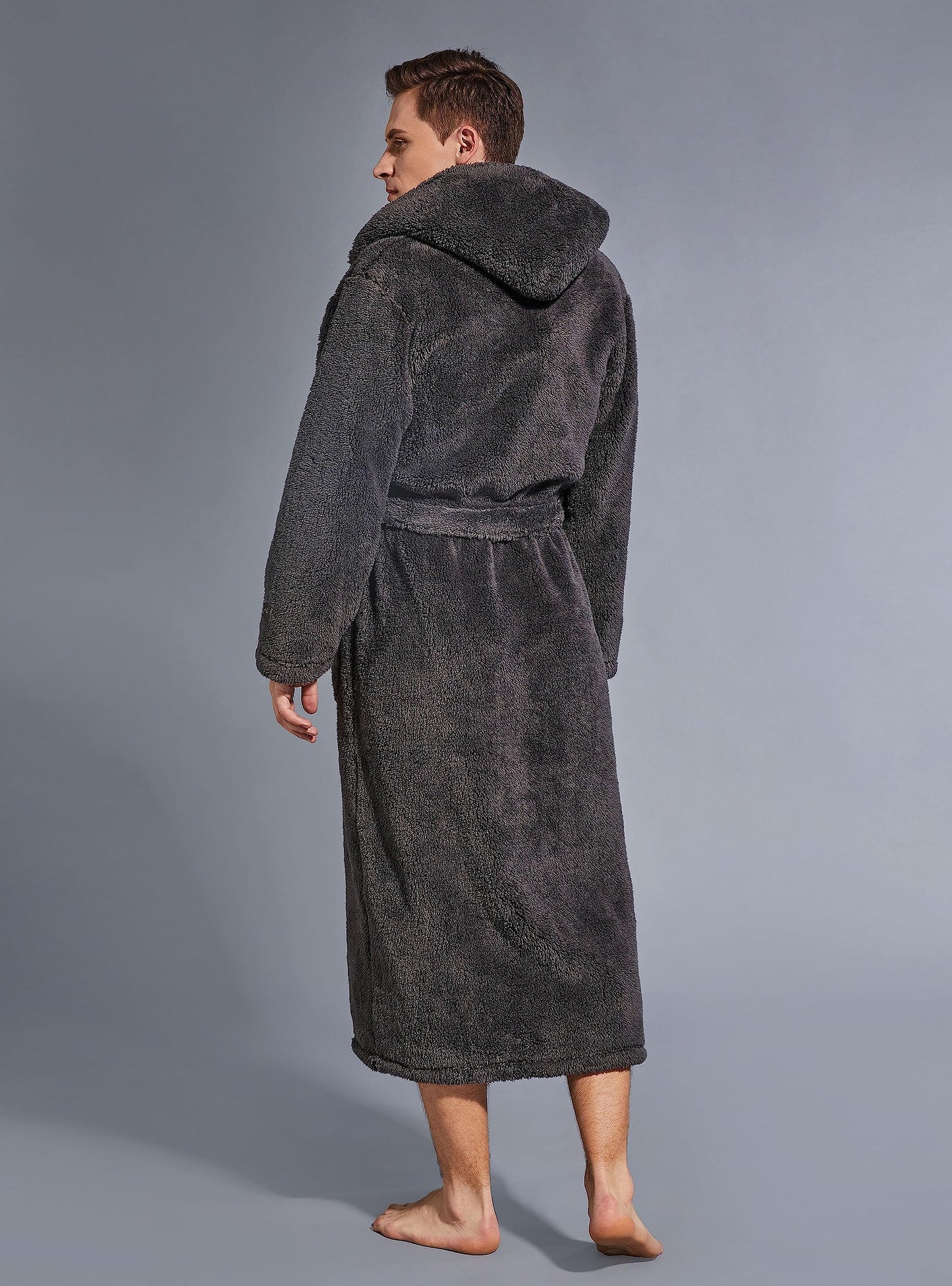 SlumberMee Mens Fleece Plush Robe with Hood Ultra Soft Fluffy Full Length Long with Pockets Luxurious House Coat (Dark Gray, L)