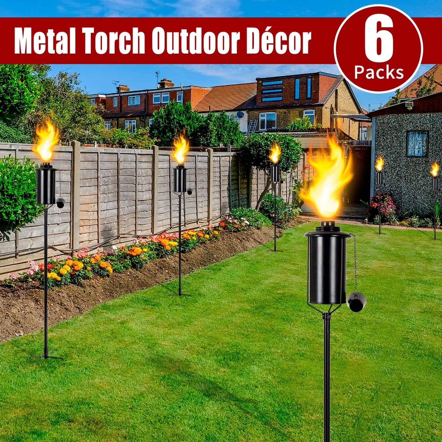 TaoTazon 6 Packs Metal Garden Torches for Outside, 16oz Outdoor Metal Torch, Citronella Torches Lighting with 4-Prong Grounded Stake for Garden Patio Pathway