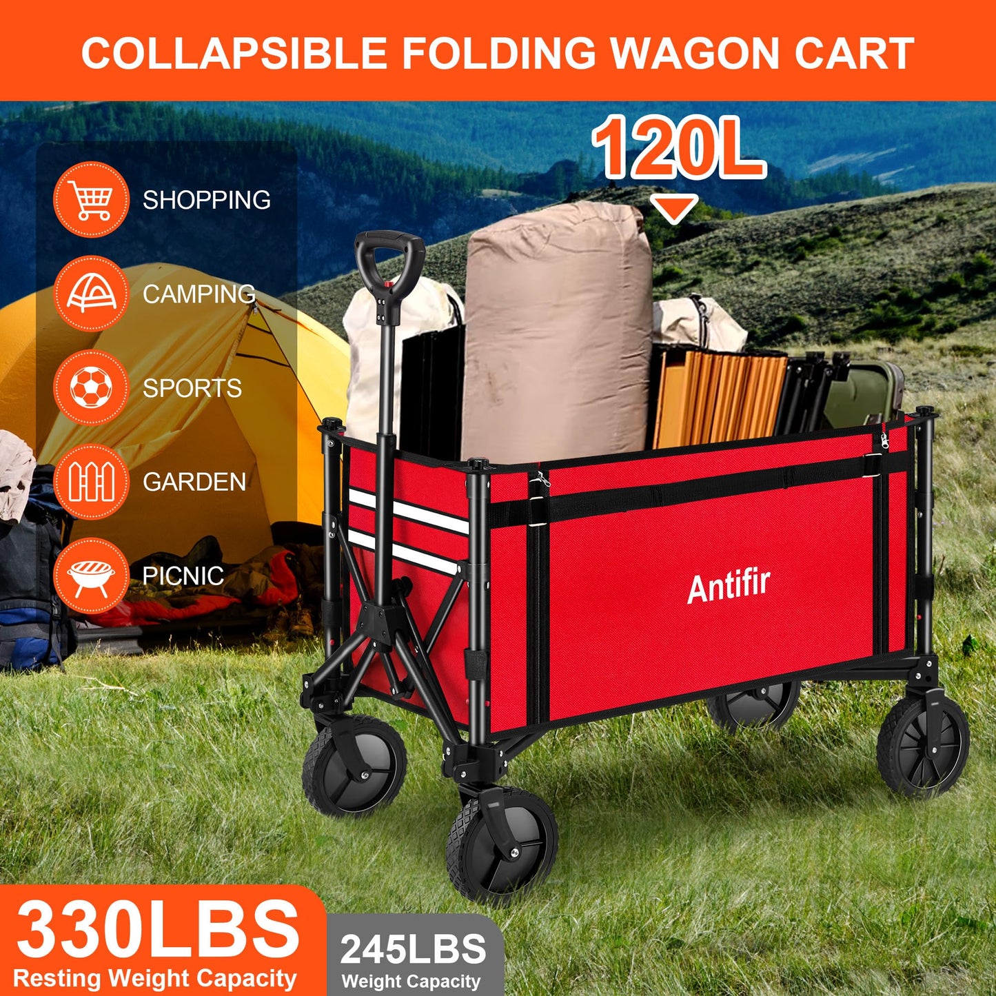 Antifir Collapsible Wagon with Large Capacity, Utility Wagons Carts Heavy Duty Foldable, Portable Folding Wagon with All-Terrain Wheels for Grocery Gardening Sports Shopping Fishing(Red)