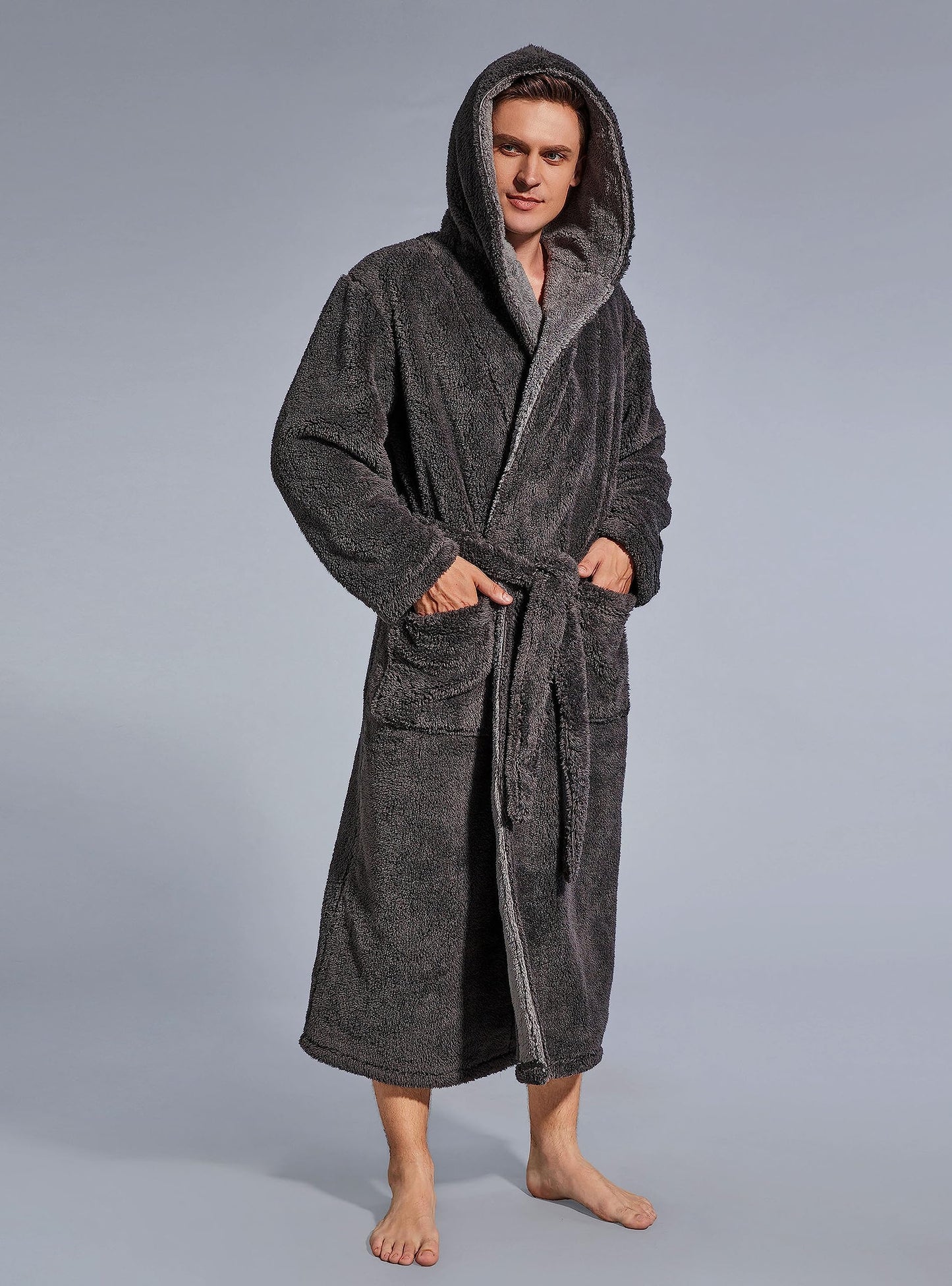 SlumberMee Mens Fleece Plush Robe with Hood Ultra Soft Fluffy Full Length Long with Pockets Luxurious House Coat (Dark Gray, L)