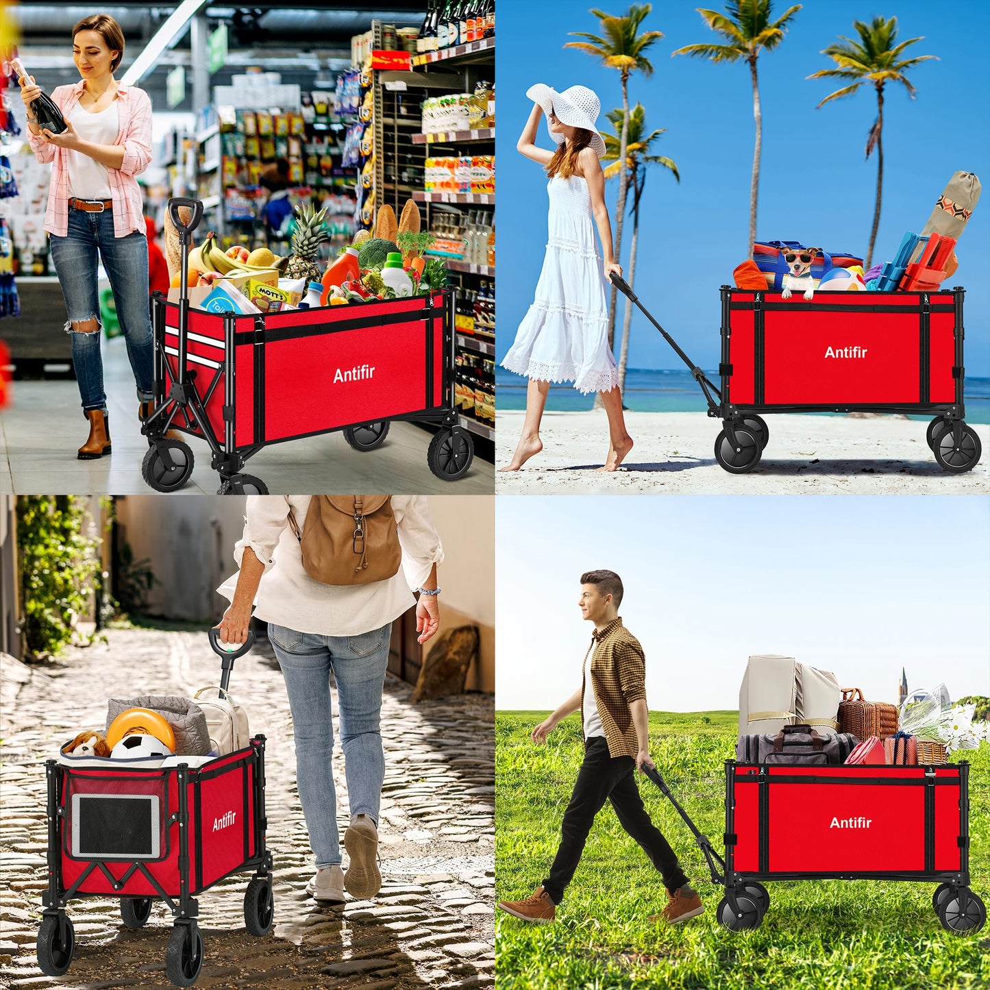 Antifir Collapsible Wagon with Large Capacity, Utility Wagons Carts Heavy Duty Foldable, Portable Folding Wagon with All-Terrain Wheels for Grocery Gardening Sports Shopping Fishing(Red)