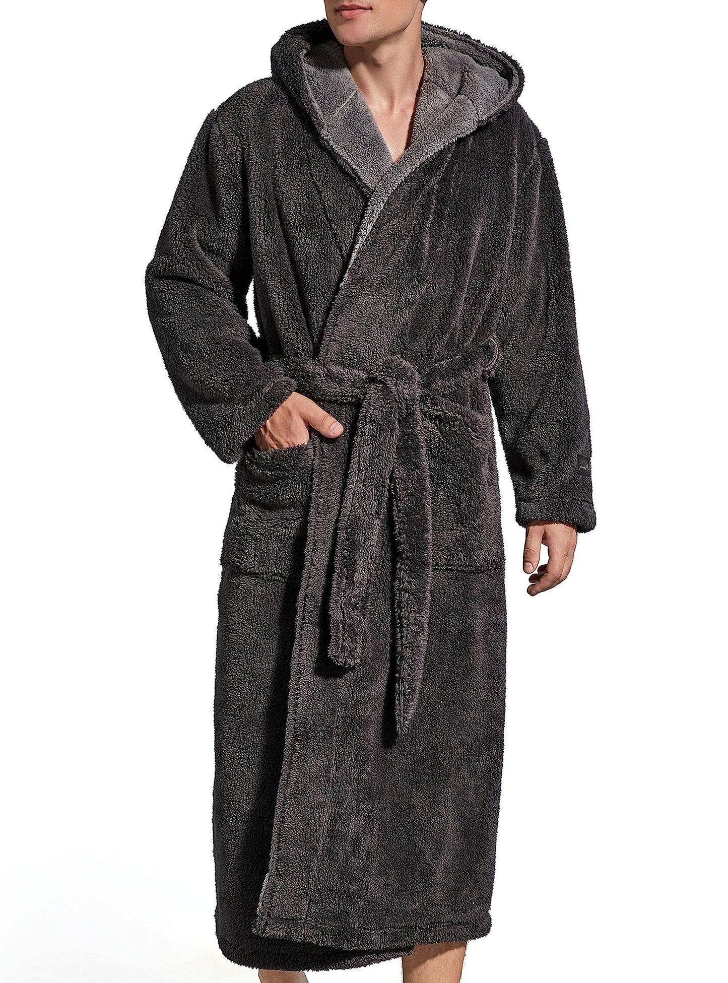 SlumberMee Mens Fleece Plush Robe with Hood Ultra Soft Fluffy Full Length Long with Pockets Luxurious House Coat (Dark Gray, L)