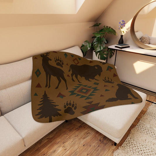Native-inspired wilderness print-Tan Sherpa Blanket
