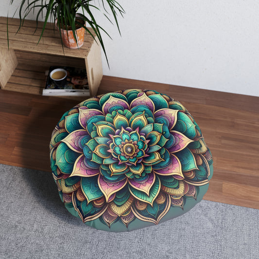 Bohemian Round Tufted Floor Pillow – Mandala Design | Artistic Home Decor | Unique Gift Idea
